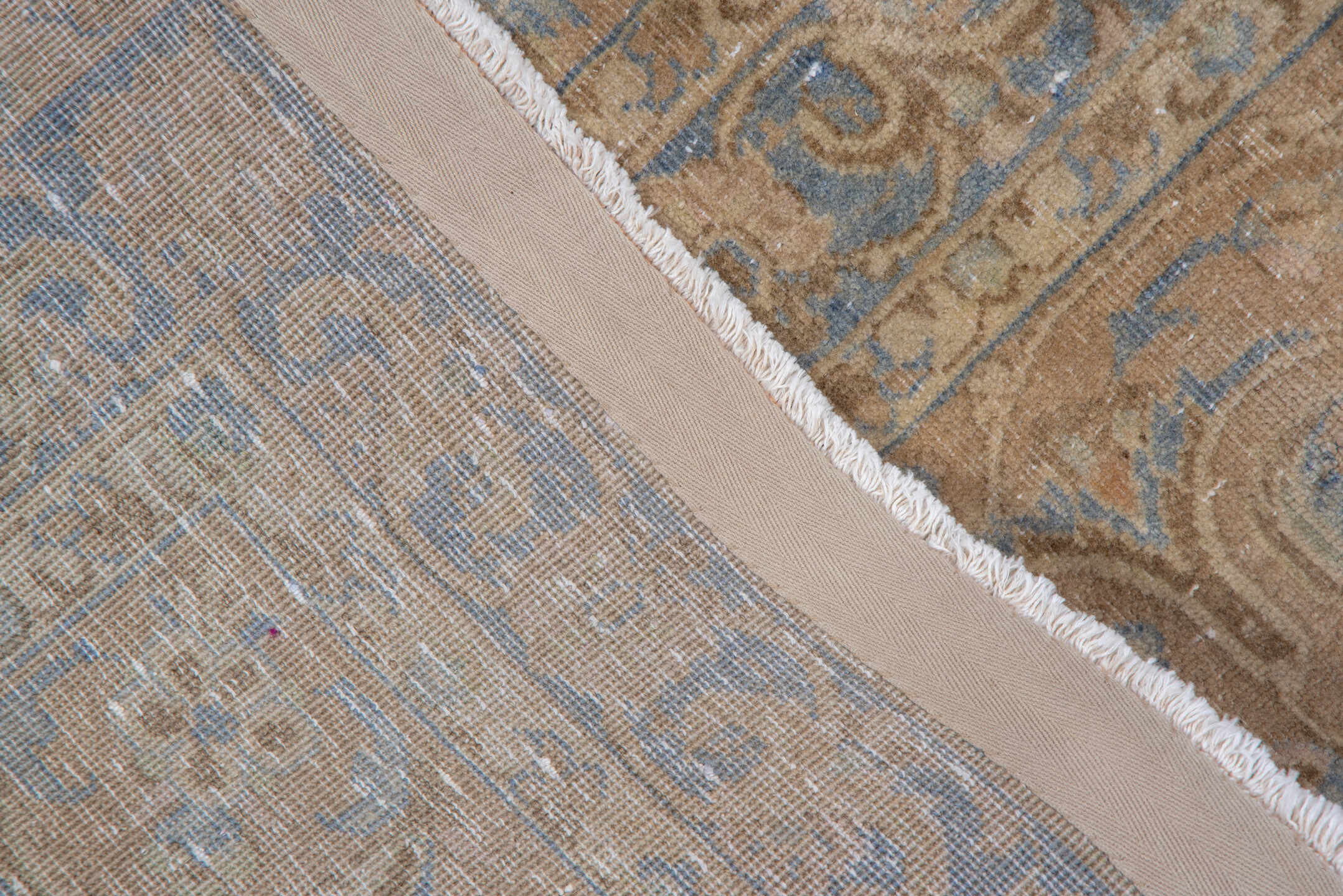 9' x 12' one-of-a-kind handmade antique Kashan large size rug. Color palette: beige, pale blue, ivory, taupe, camel