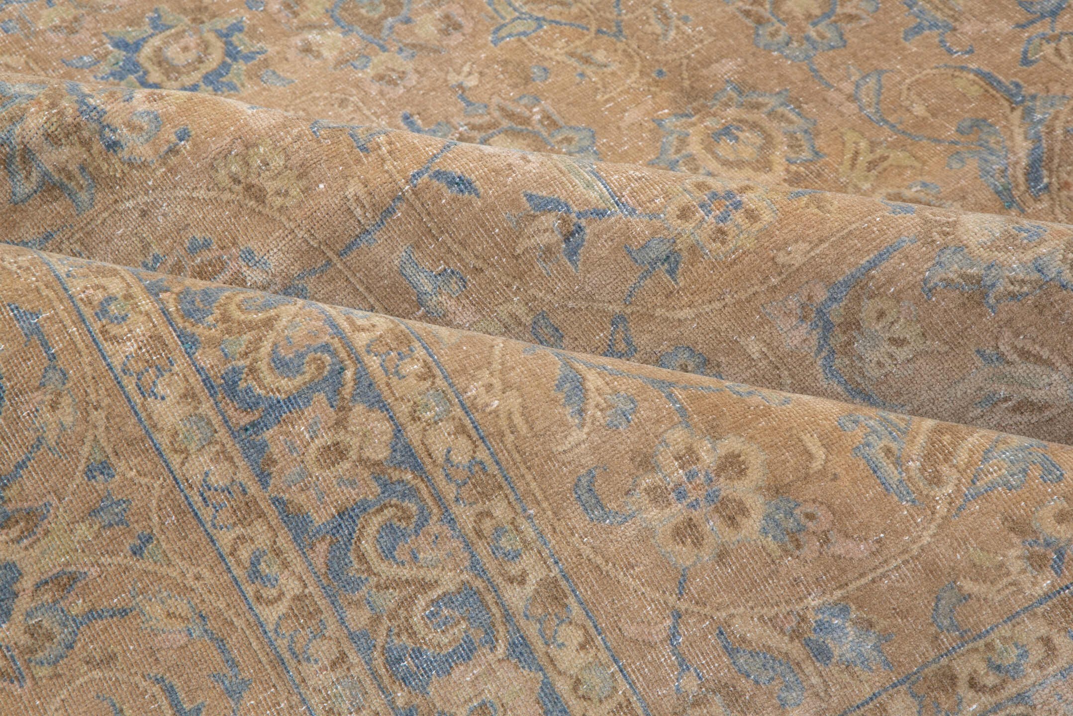 9' x 12' one-of-a-kind handmade antique Kashan large size rug. Color palette: beige, pale blue, ivory, taupe, camel