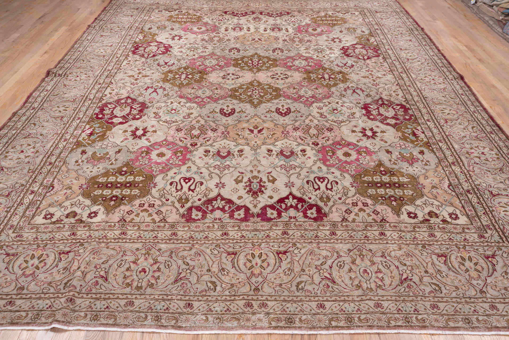 10' x 12' one-of-a-kind handmade vintage Kerman large size rug. Color palette: brown, gray, light gray, off-white, pink, red
