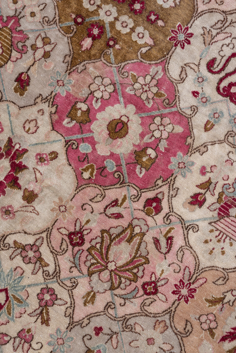 10' x 12' one-of-a-kind handmade vintage Kerman large size rug. Color palette: brown, gray, light gray, off-white, pink, red