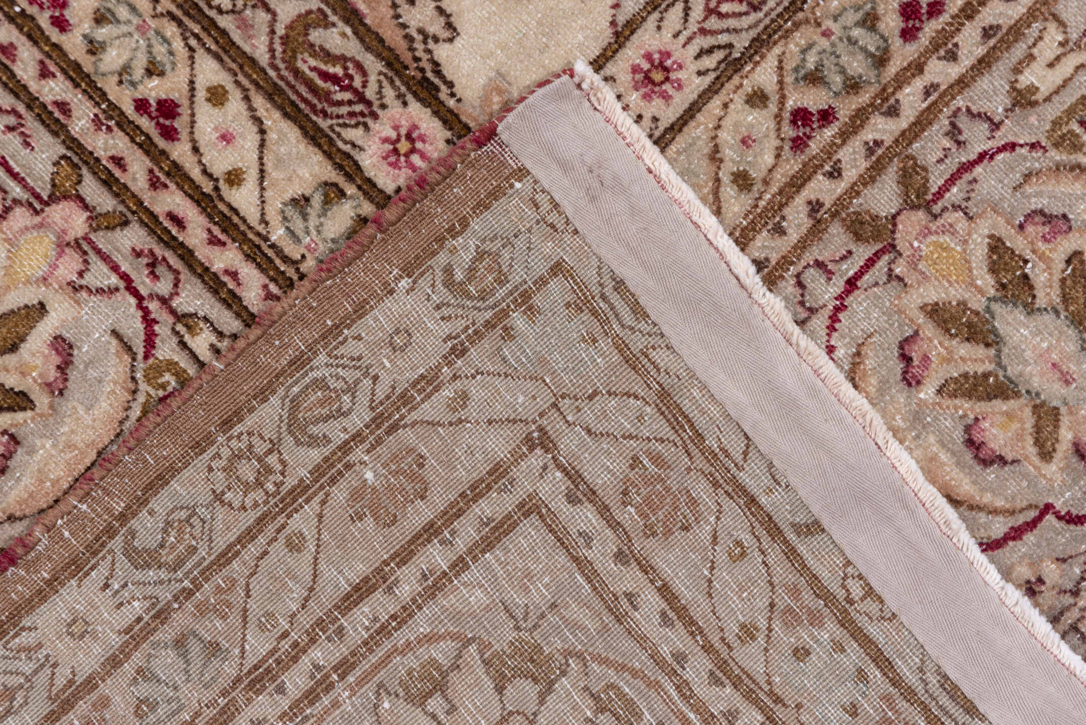10' x 12' one-of-a-kind handmade vintage Kerman large size rug. Color palette: brown, gray, light gray, off-white, pink, red