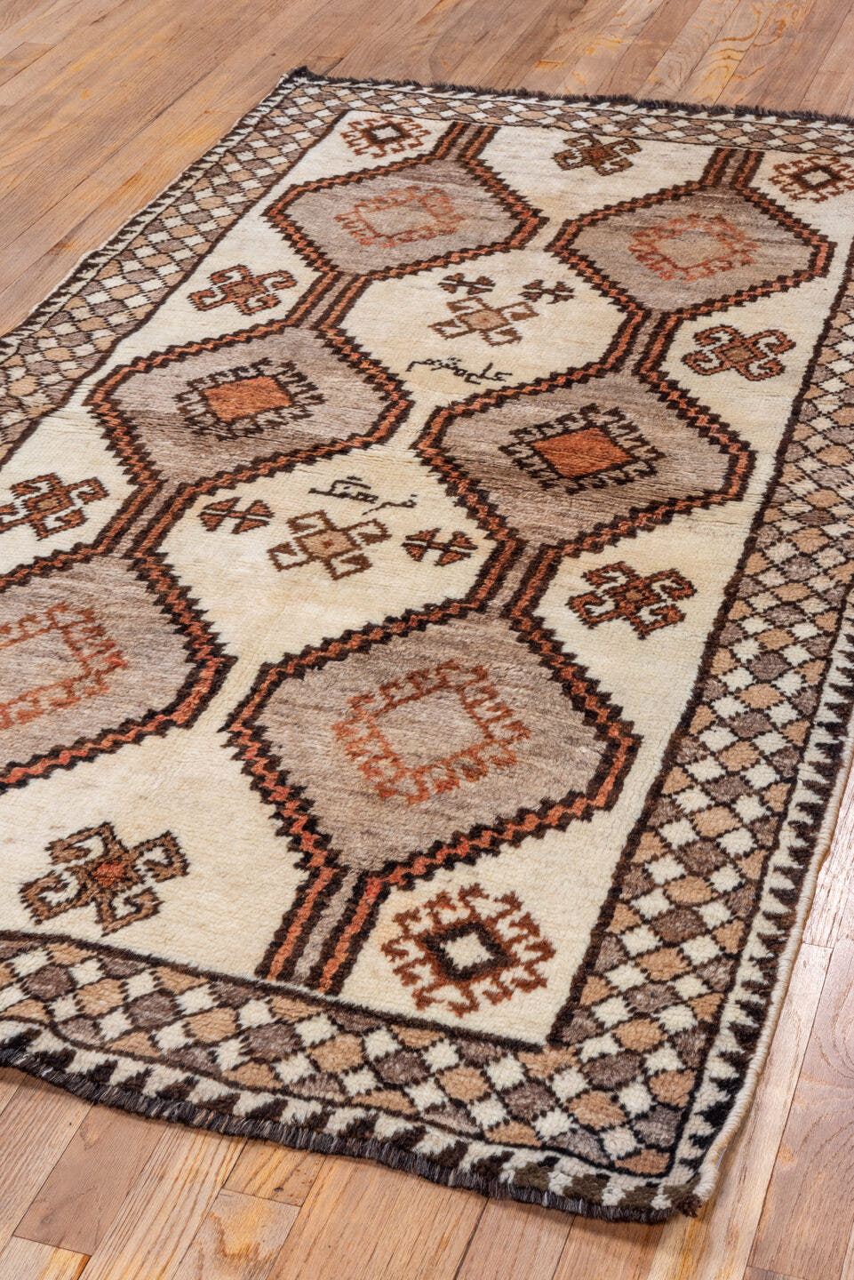 3' x 6' one-of-a-kind handmade antique Gabbe small size rug. Color palette: ivory, taupe, brown, camel, rust, charcoal