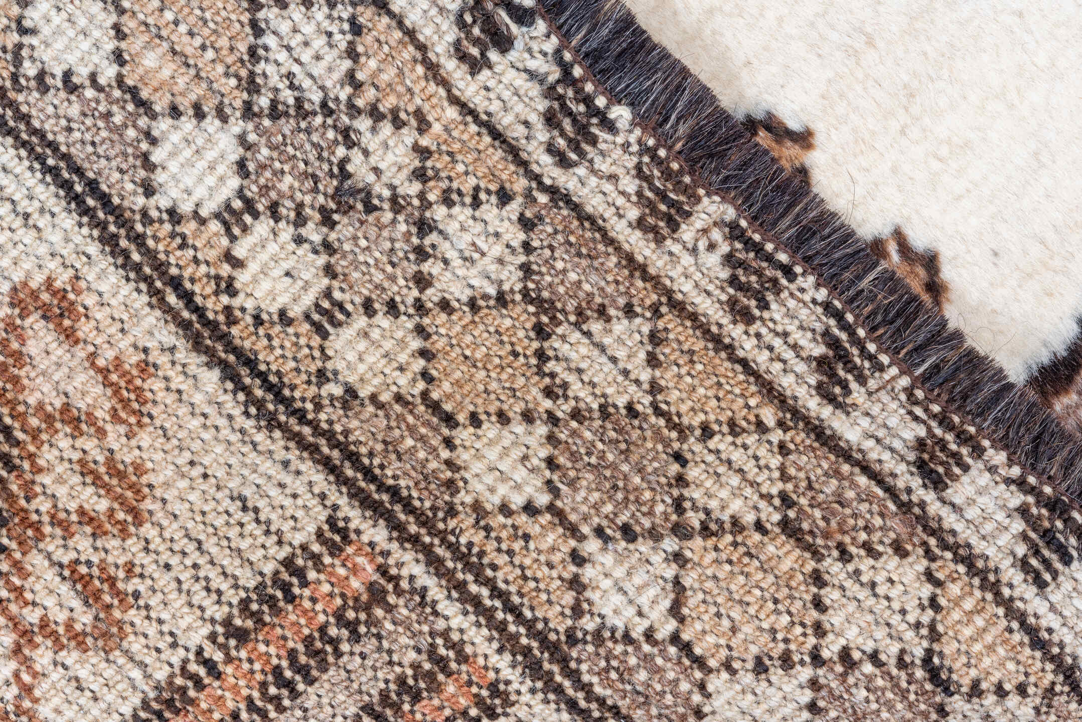 3' x 6' one-of-a-kind handmade antique Gabbe small size rug. Color palette: ivory, taupe, brown, camel, rust, charcoal