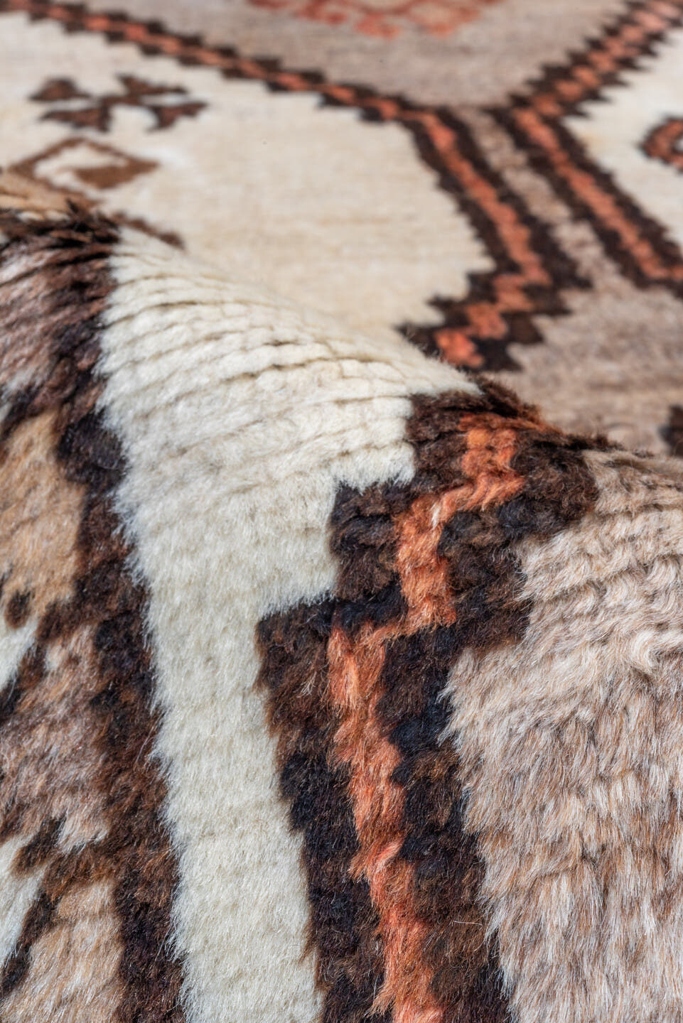 3' x 6' one-of-a-kind handmade antique Gabbe small size rug. Color palette: ivory, taupe, brown, camel, rust, charcoal