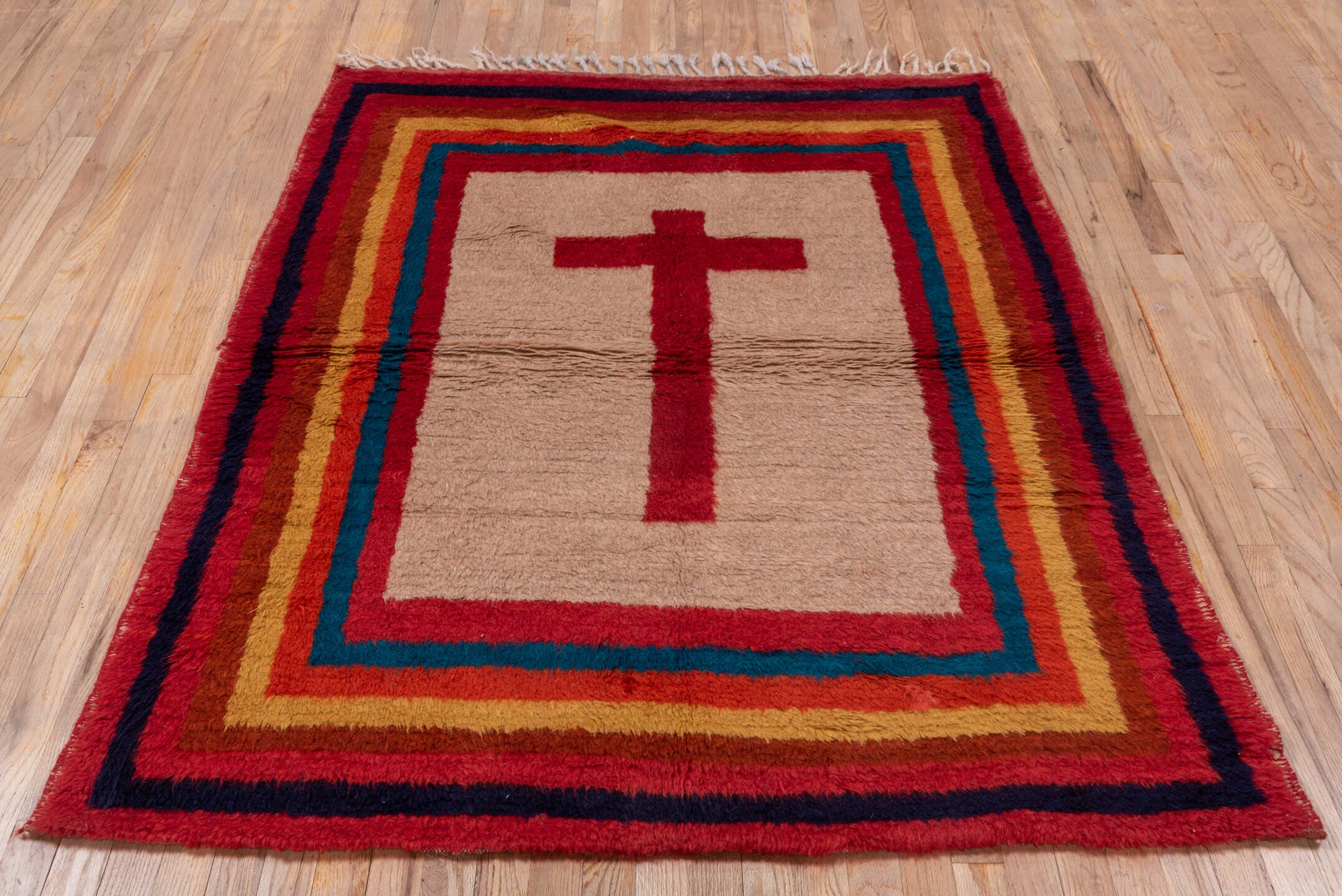 4' x 6' one-of-a-kind handmade vintage Gabbe rug. Color palette: taupe, crimson, indigo, gold, teal, rust, mahogany, beige