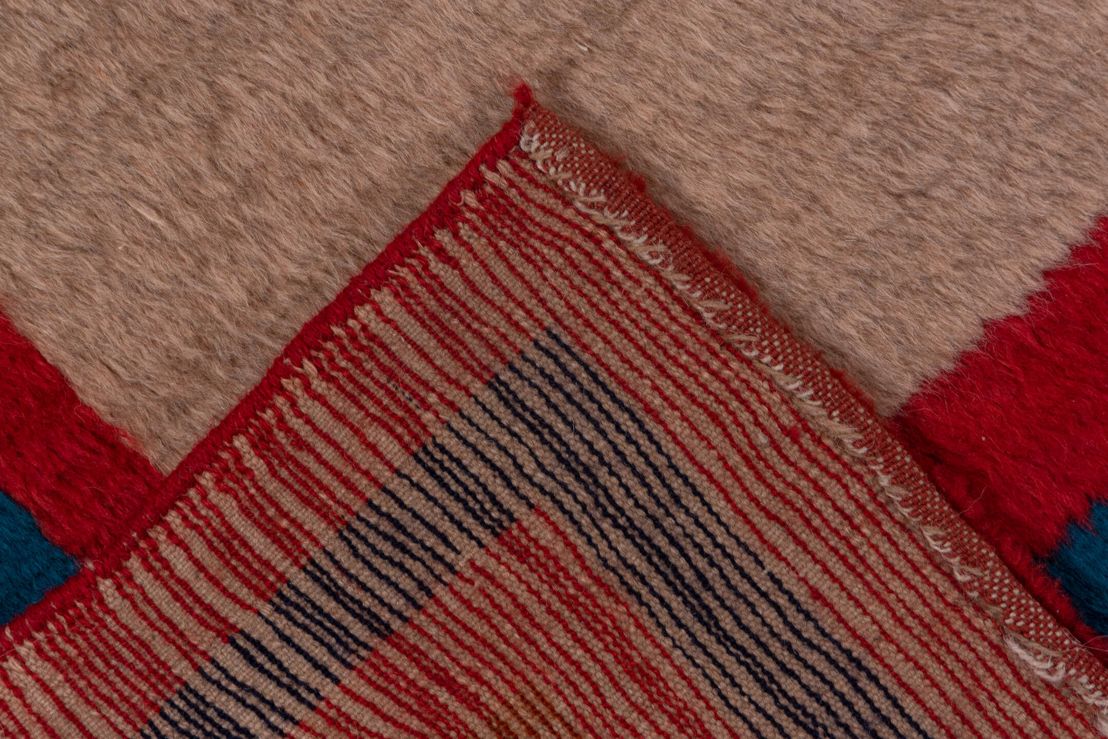 4' x 6' one-of-a-kind handmade vintage Gabbe rug. Color palette: taupe, crimson, indigo, gold, teal, rust, mahogany, beige