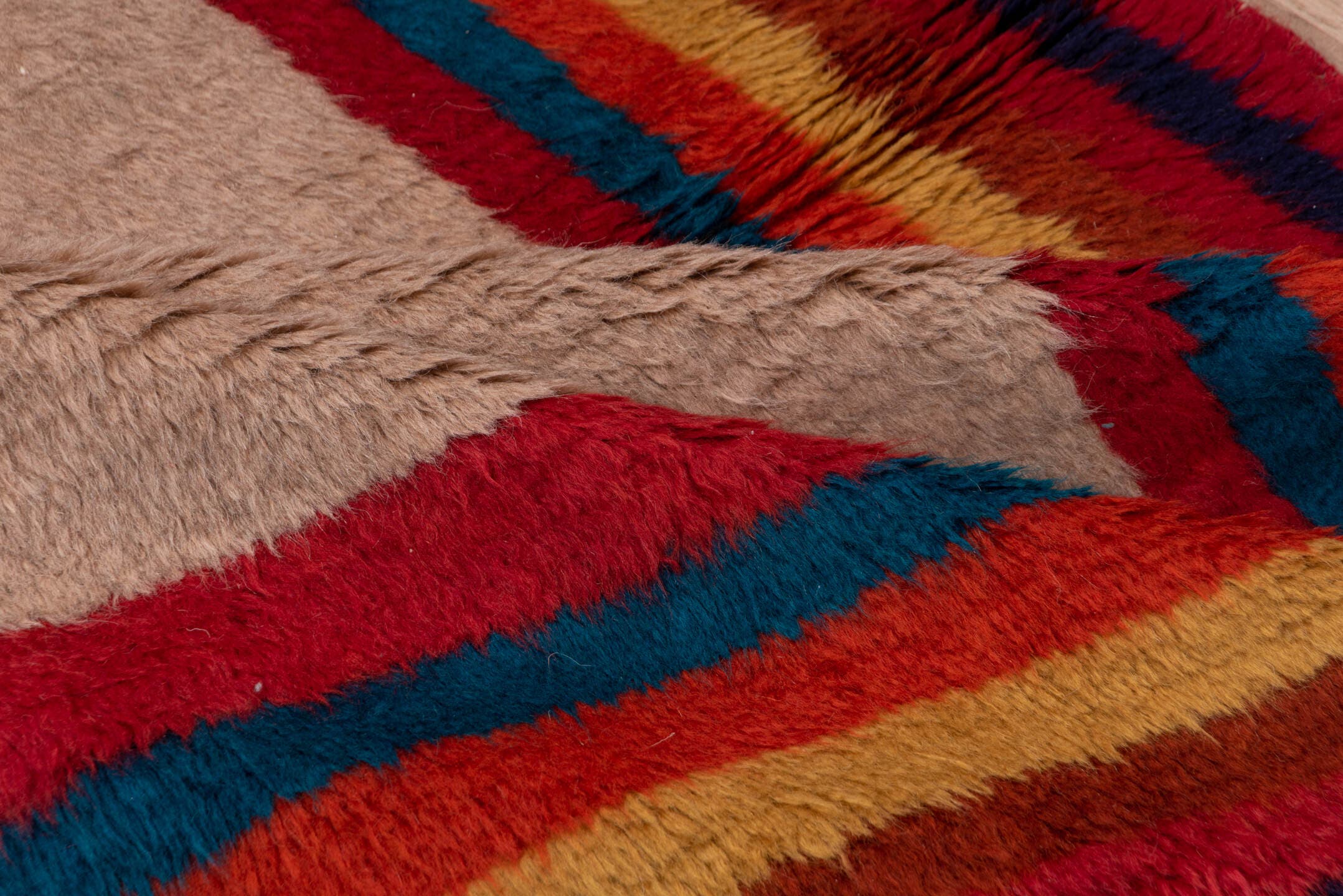 4' x 6' one-of-a-kind handmade vintage Gabbe rug. Color palette: taupe, crimson, indigo, gold, teal, rust, mahogany, beige