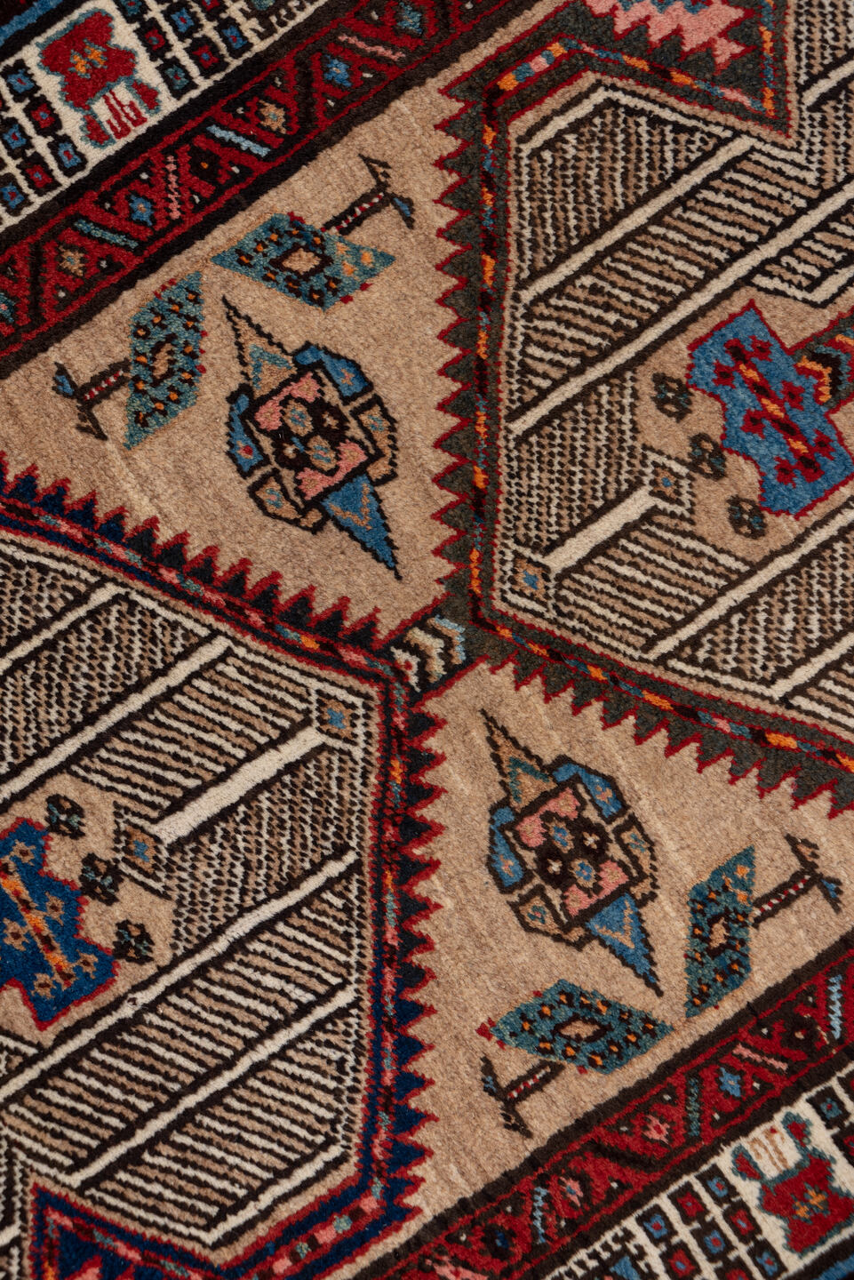 3' x 17' one-of-a-kind handmade vintage Sarab runner rug. Color palette: blue, brown, gray, light gray, pink, red, redwood