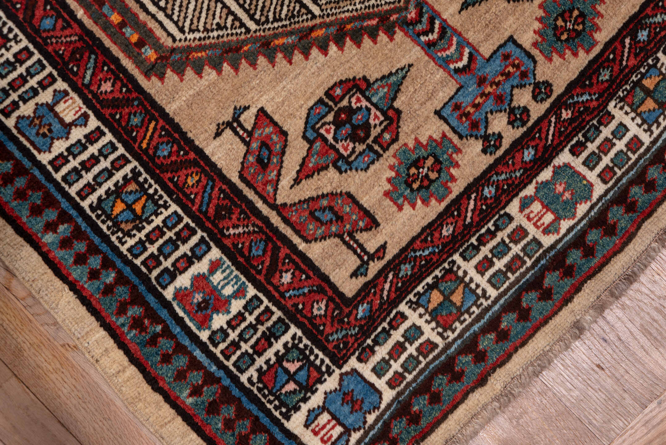 3' x 17' one-of-a-kind handmade vintage Sarab runner rug. Color palette: blue, brown, gray, light gray, pink, red, redwood