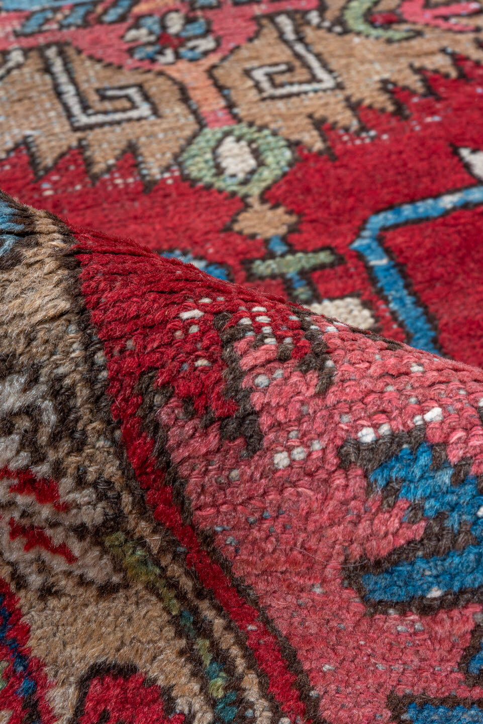 3' x 7' one-of-a-kind handmade vintage Heriz runner rug. Color palette: red, navy, camel, ivory, sky_blue, rose, olive, blue