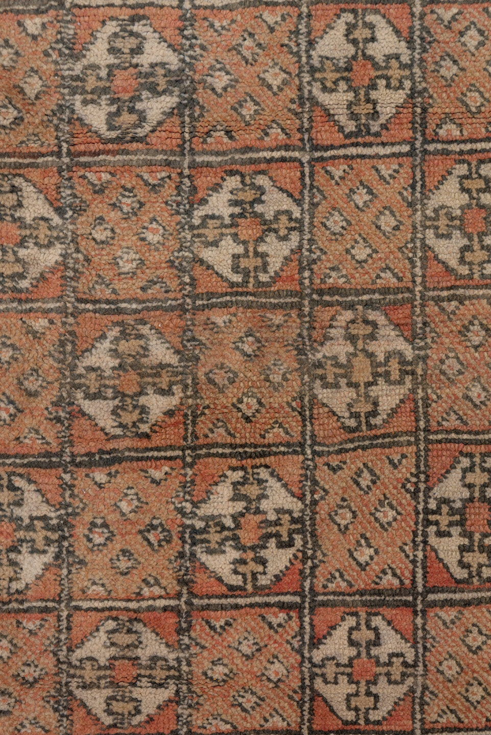 5' x 10' one-of-a-kind handmade vintage Moroccan medium size rug. Color palette: terra cotta, ivory, charcoal, camel, taupe