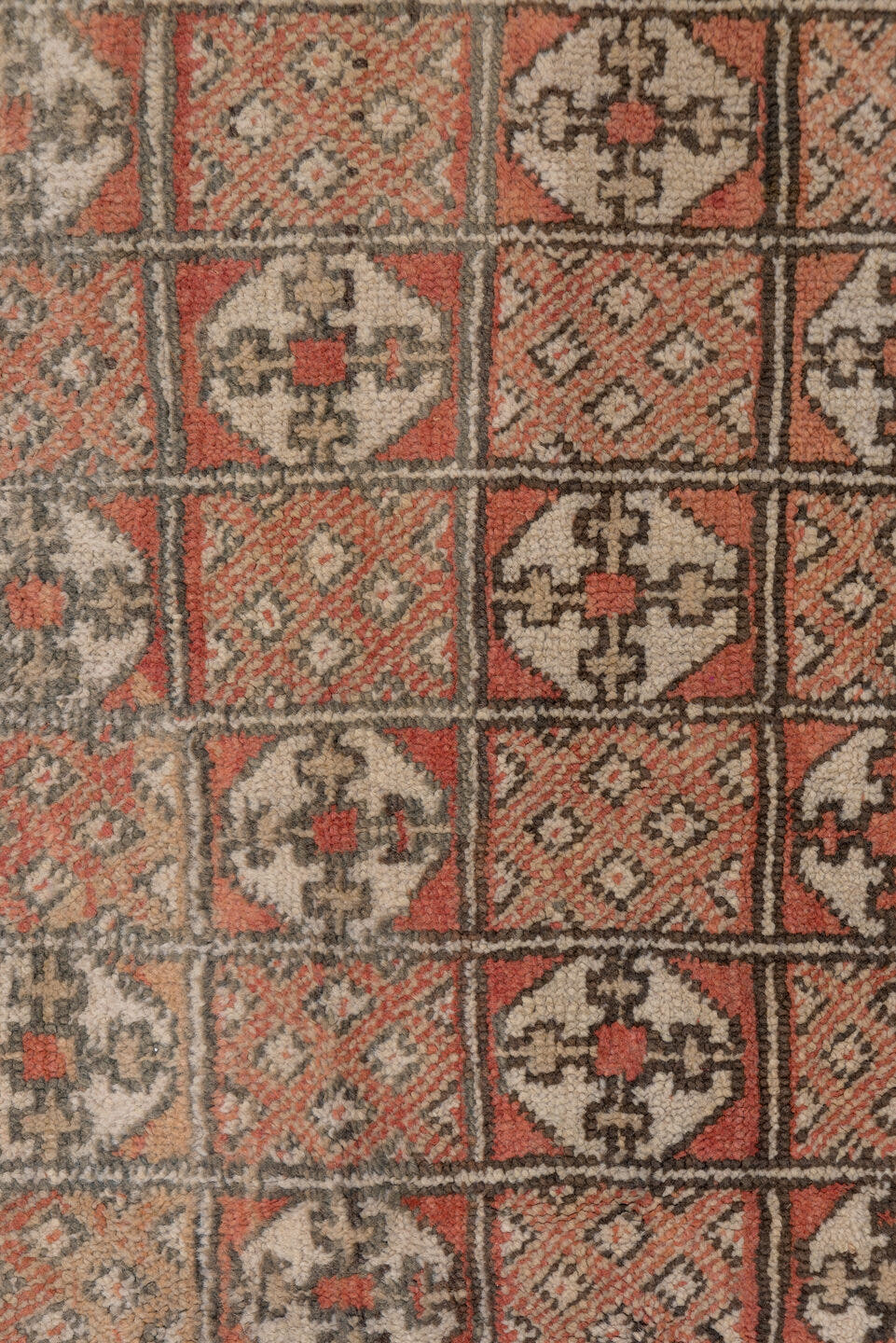 5' x 10' one-of-a-kind handmade vintage Moroccan medium size rug. Color palette: terra cotta, ivory, charcoal, camel, taupe
