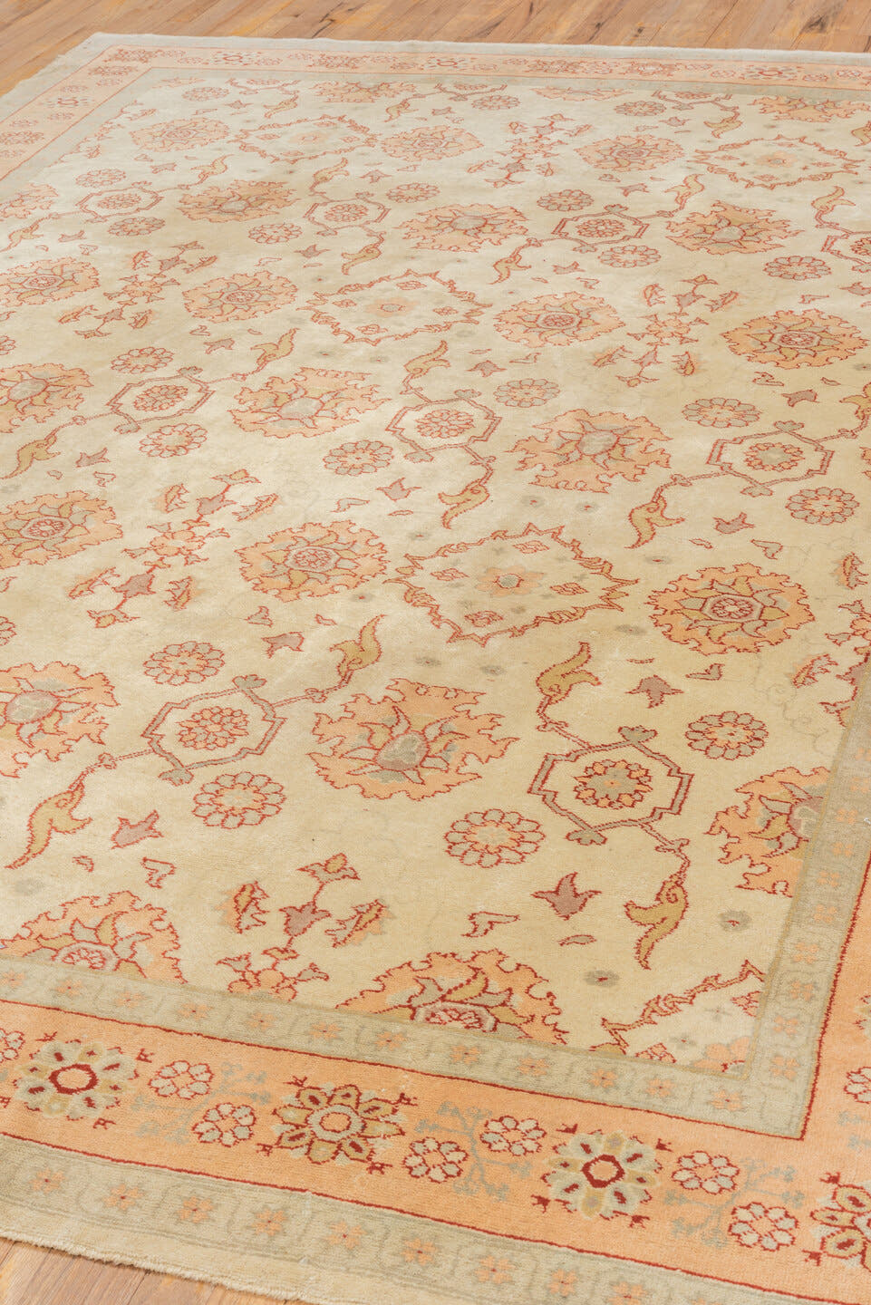 7' x 10' one-of-a-kind handmade vintage Oushak large size rug. Color palette: ivory, blush, peach, taupe, sand, rose, pink