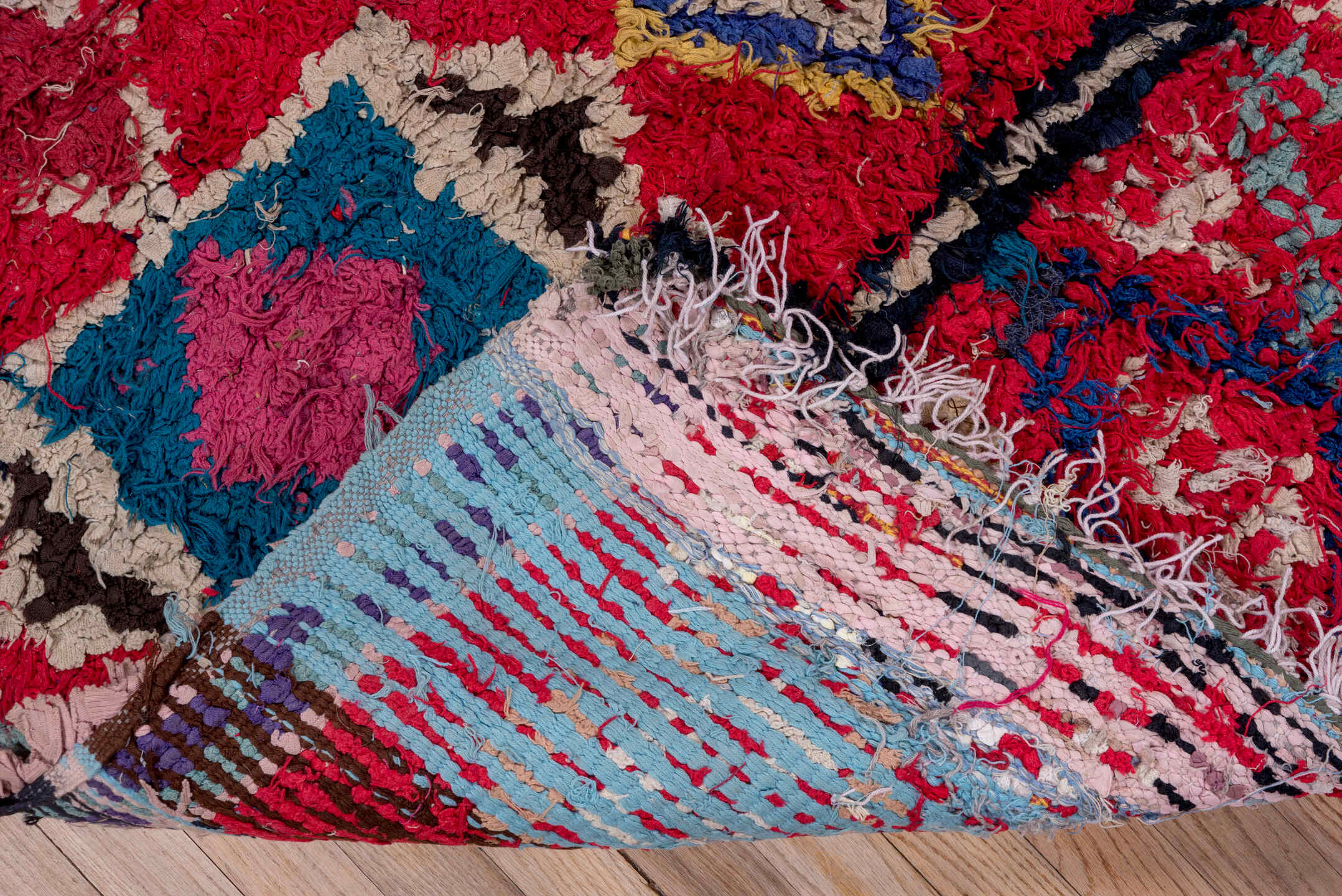4' x 6' one-of-a-kind handmade vintage Moroccan small size rug. Color palette: crimson, ivory, charcoal, teal, pink, gray