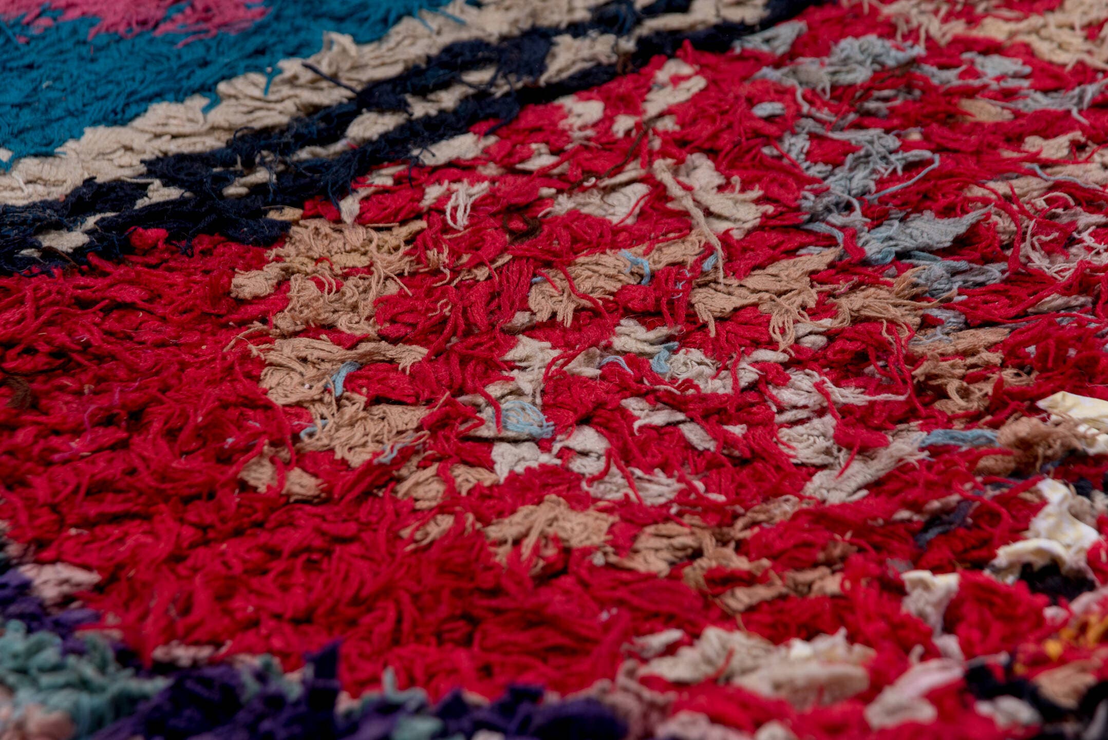 4' x 6' one-of-a-kind handmade vintage Moroccan small size rug. Color palette: crimson, ivory, charcoal, teal, pink, gray