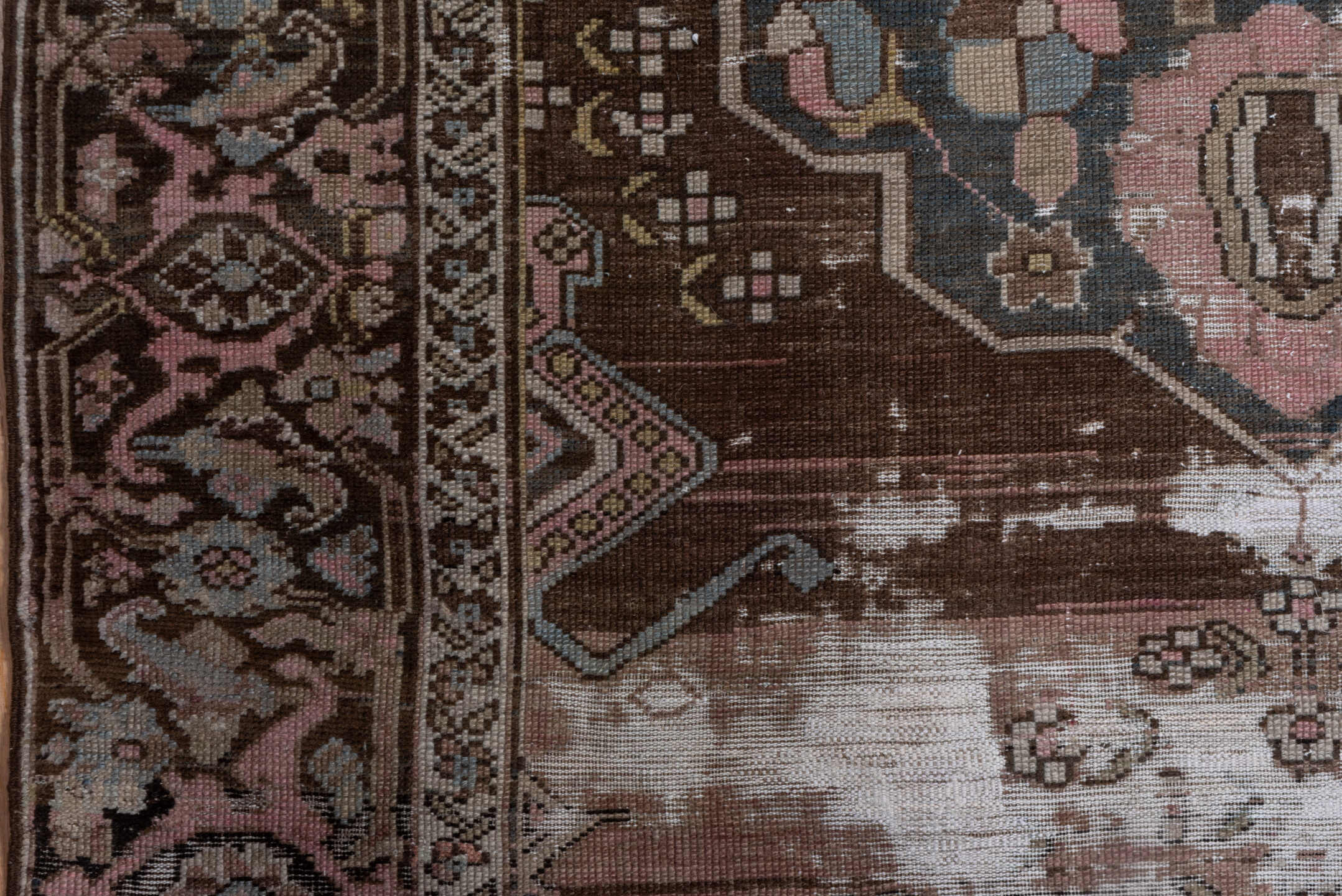 4' x 6' one-of-a-kind handmade antique Caucasian small size rug. Color palette: brown, rose, taupe, ivory, slate, burgundy