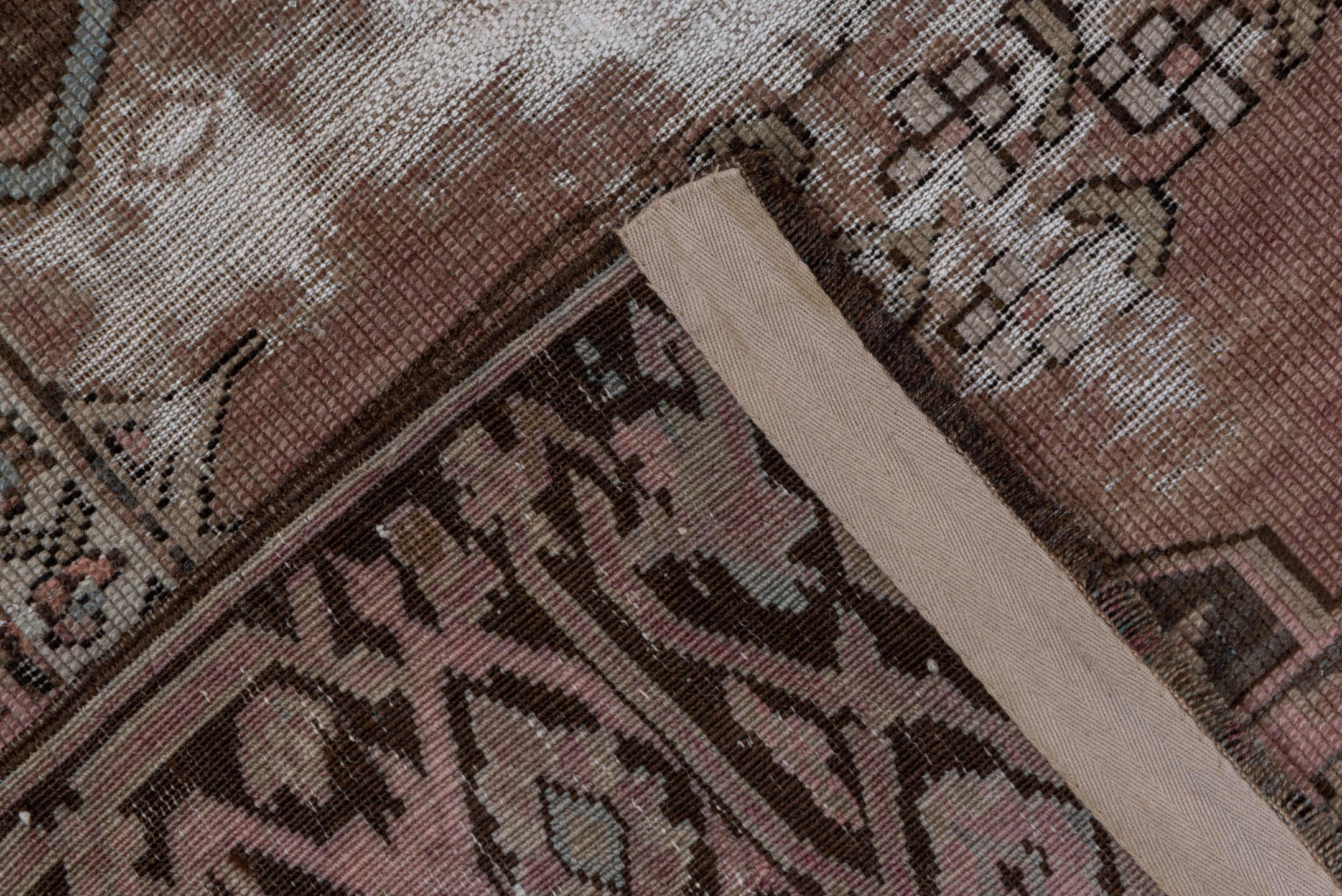 4' x 6' one-of-a-kind handmade antique Caucasian small size rug. Color palette: brown, rose, taupe, ivory, slate, burgundy