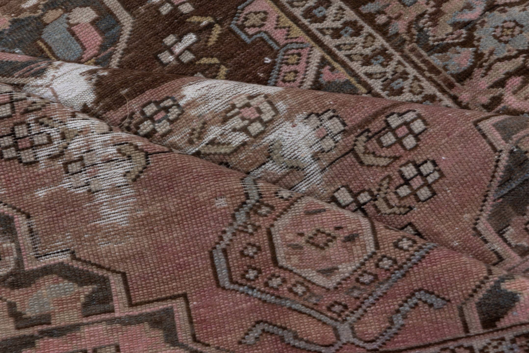 4' x 6' one-of-a-kind handmade antique Caucasian small size rug. Color palette: brown, rose, taupe, ivory, slate, burgundy