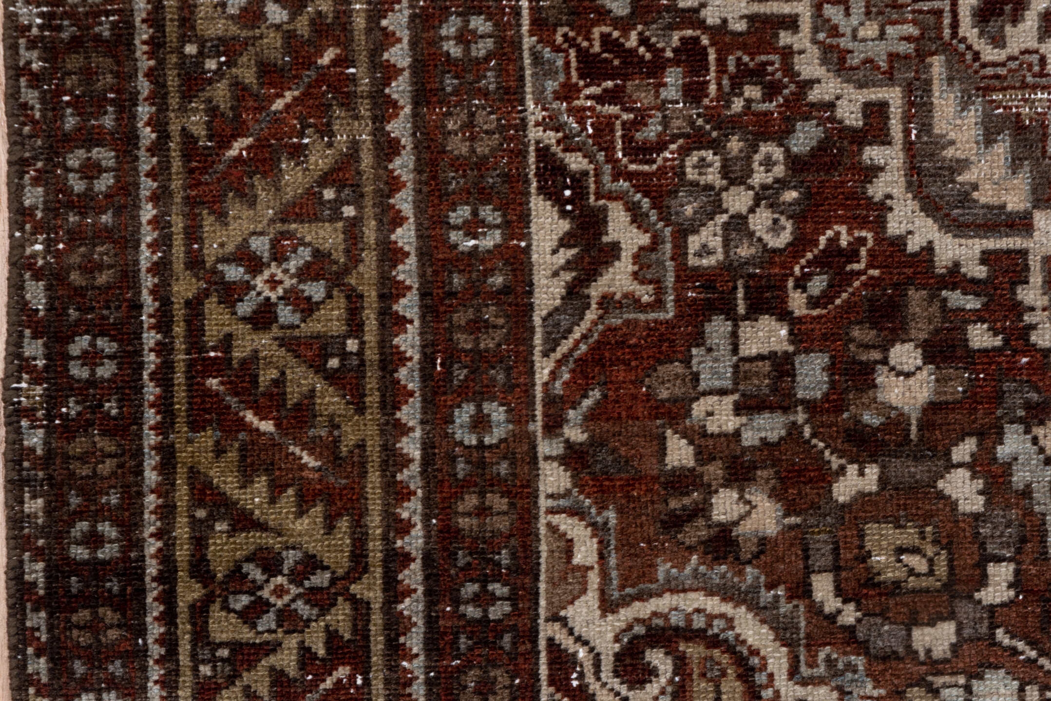 4' x 6' one-of-a-kind handmade antique Baktiary small size rug. Color palette: rust, ivory, brown, taupe, camel, charcoal