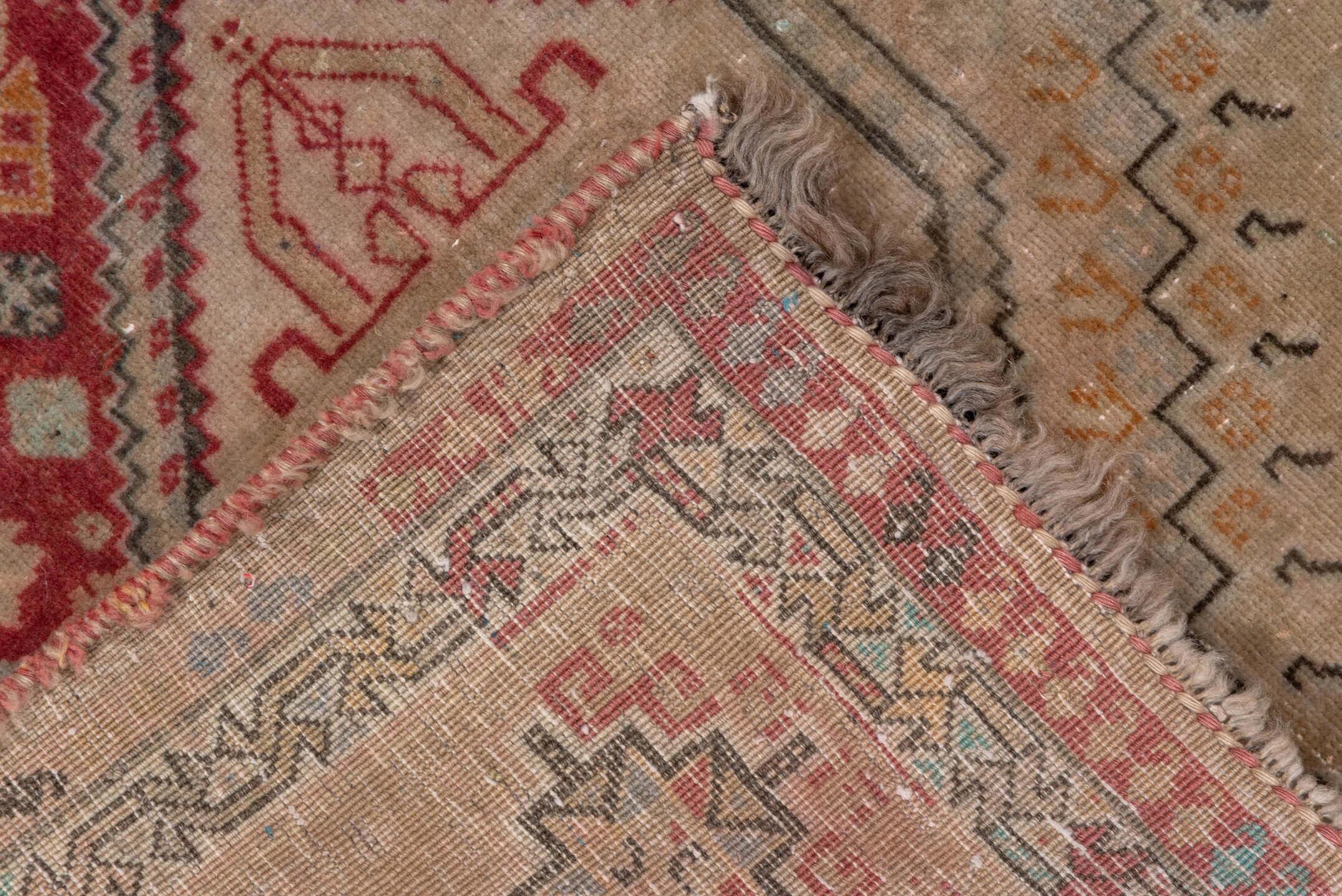2' x 6' one-of-a-kind handmade antique Shiraz runner rug. Color palette: ivory, rust, taupe, rose, sage, charcoal