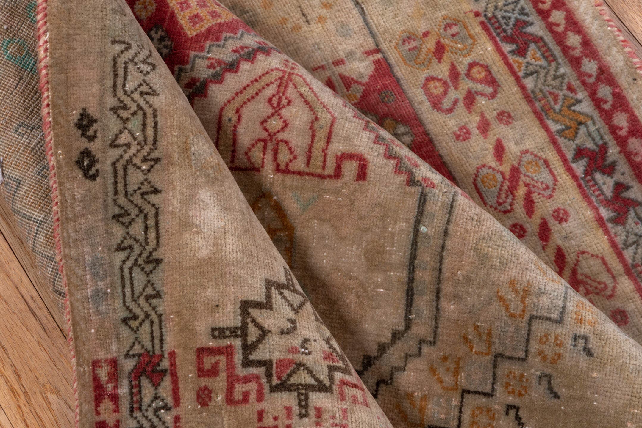 2' x 6' one-of-a-kind handmade antique Shiraz runner rug. Color palette: ivory, rust, taupe, rose, sage, charcoal