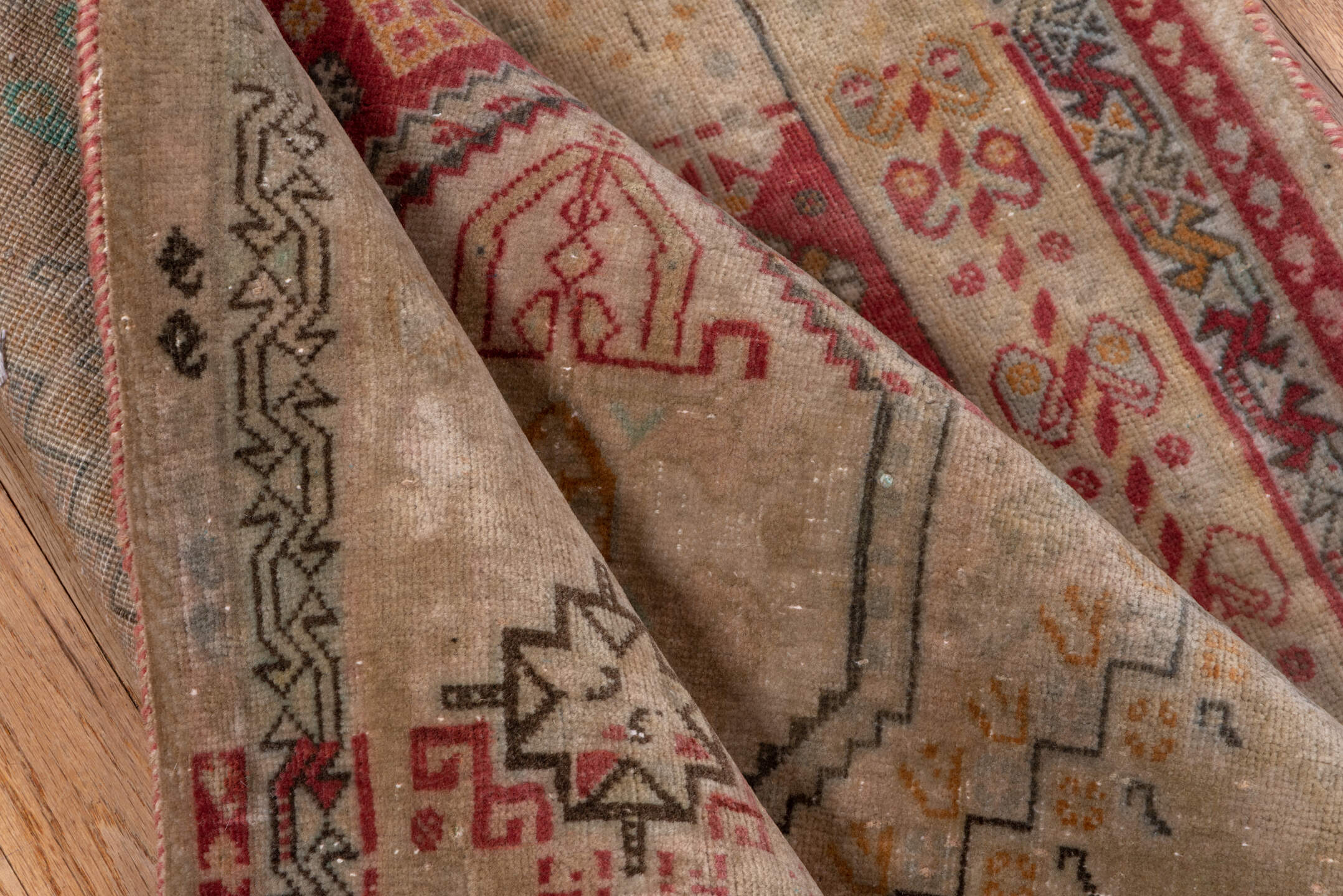 2' x 6' one-of-a-kind handmade antique Shiraz runner rug. Color palette: ivory, rust, taupe, rose, sage, charcoal