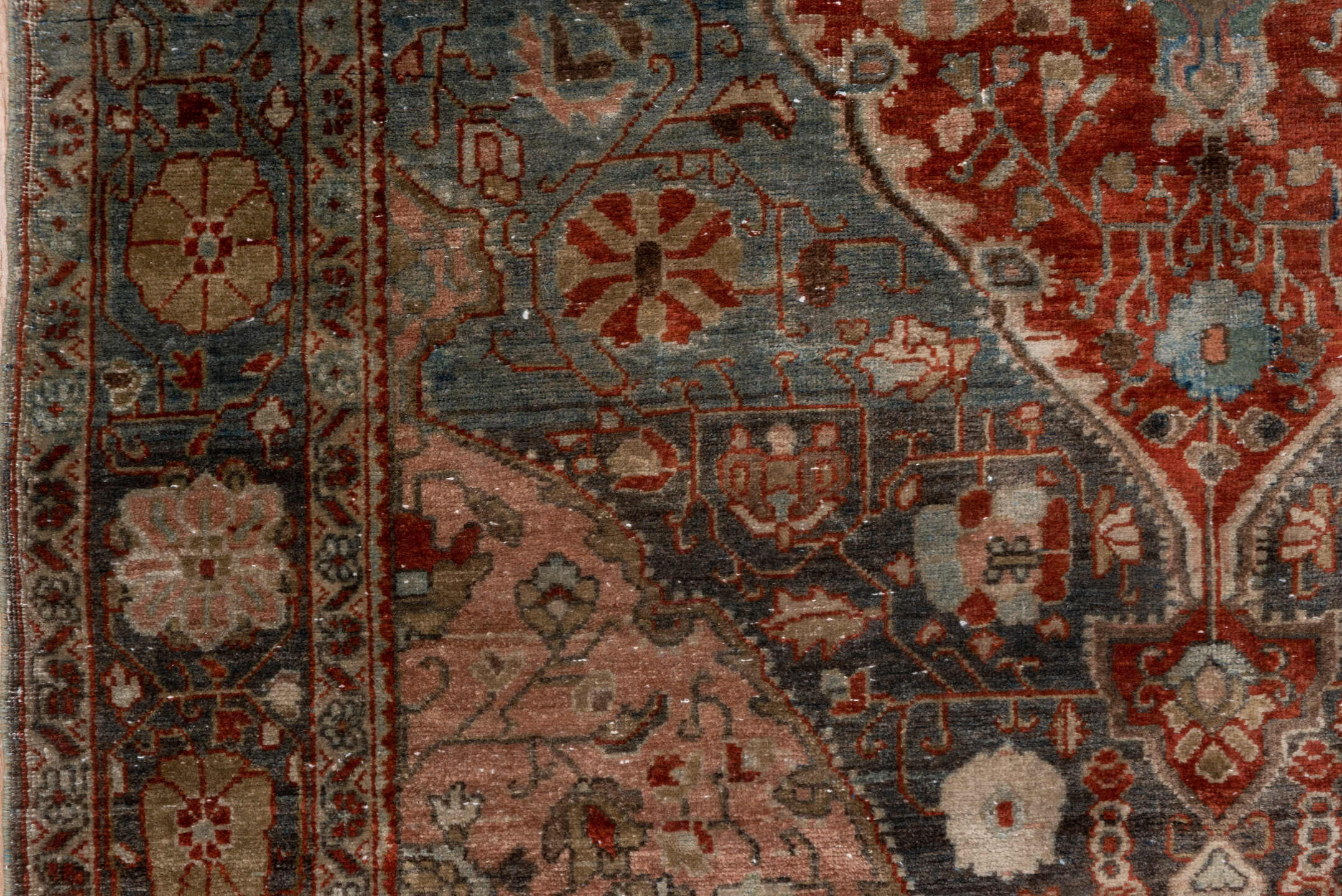 4' x 6' one-of-a-kind handmade antique Sarouk small size rug. Color palette: rose, slate, rust, ivory, charcoal, taupe