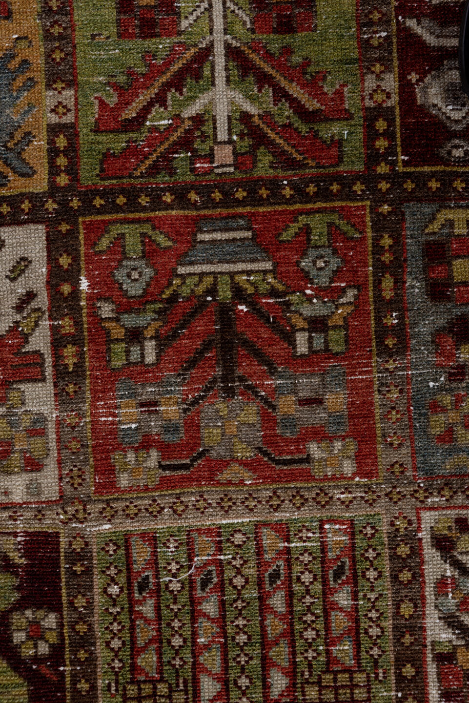 6' x 10' one-of-a-kind handmade antique Baktiary large size rug. Color palette: ivory, rust, olive, burgundy, blue, taupe