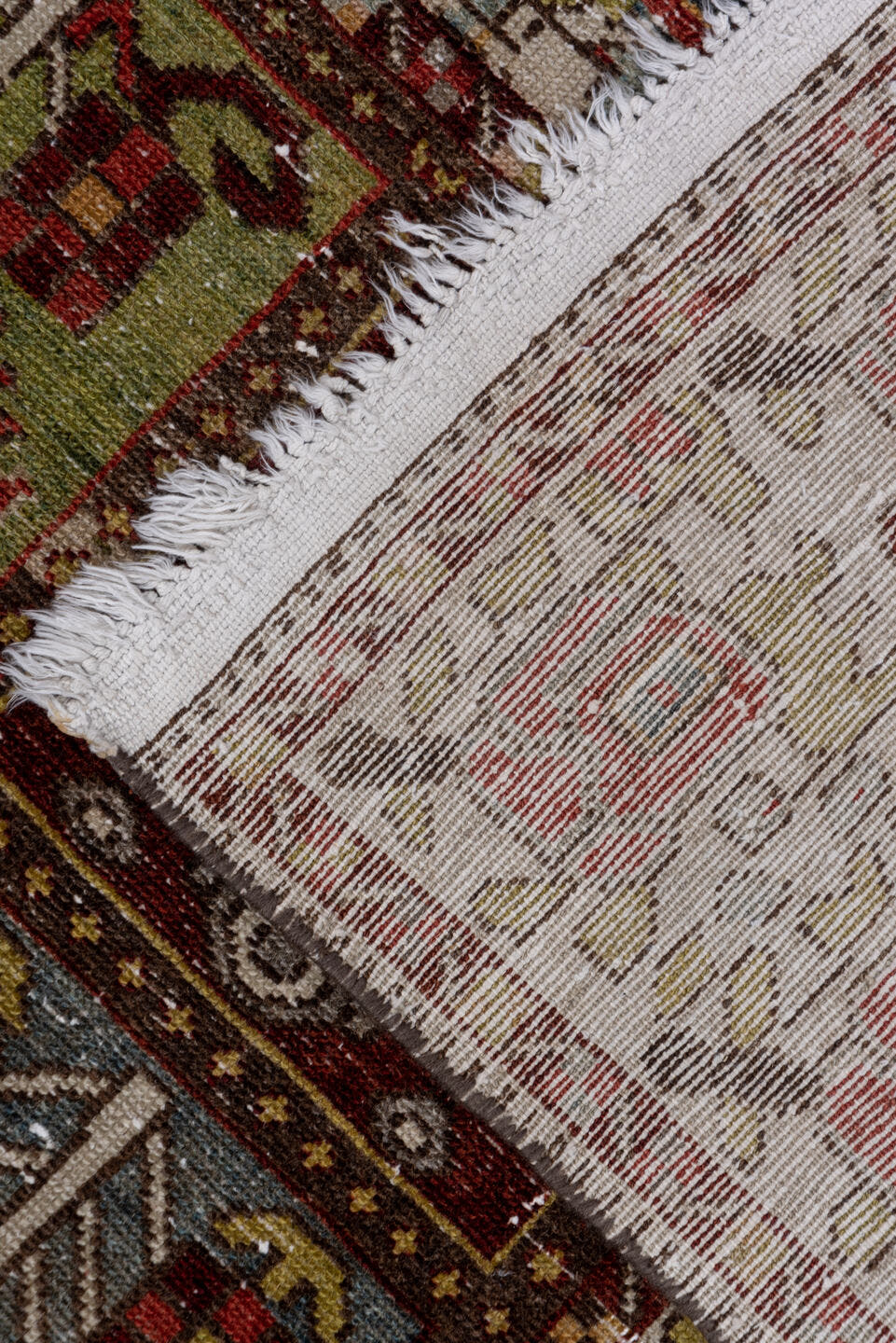 6' x 10' one-of-a-kind handmade antique Baktiary large size rug. Color palette: ivory, rust, olive, burgundy, blue, taupe