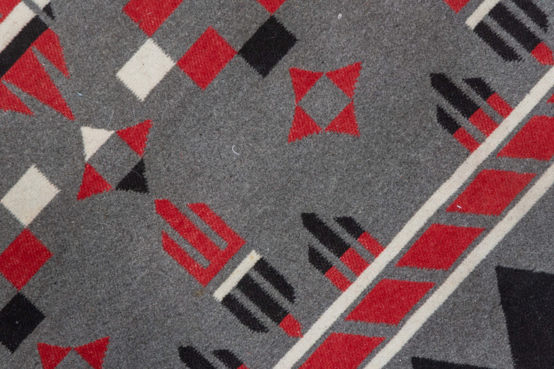 5' x 6' one-of-a-kind handmade vintage Blanket rug. Color palette: gray, charcoal, crimson, ivory, taupe, black, red, beige