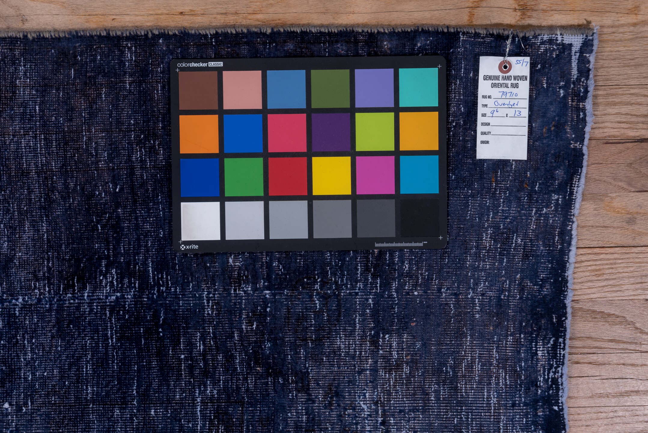 9' x 13' one-of-a-kind handmade vintage Overdyed large size rug. Color palette: indigo, navy, slate, charcoal, ivory, purple