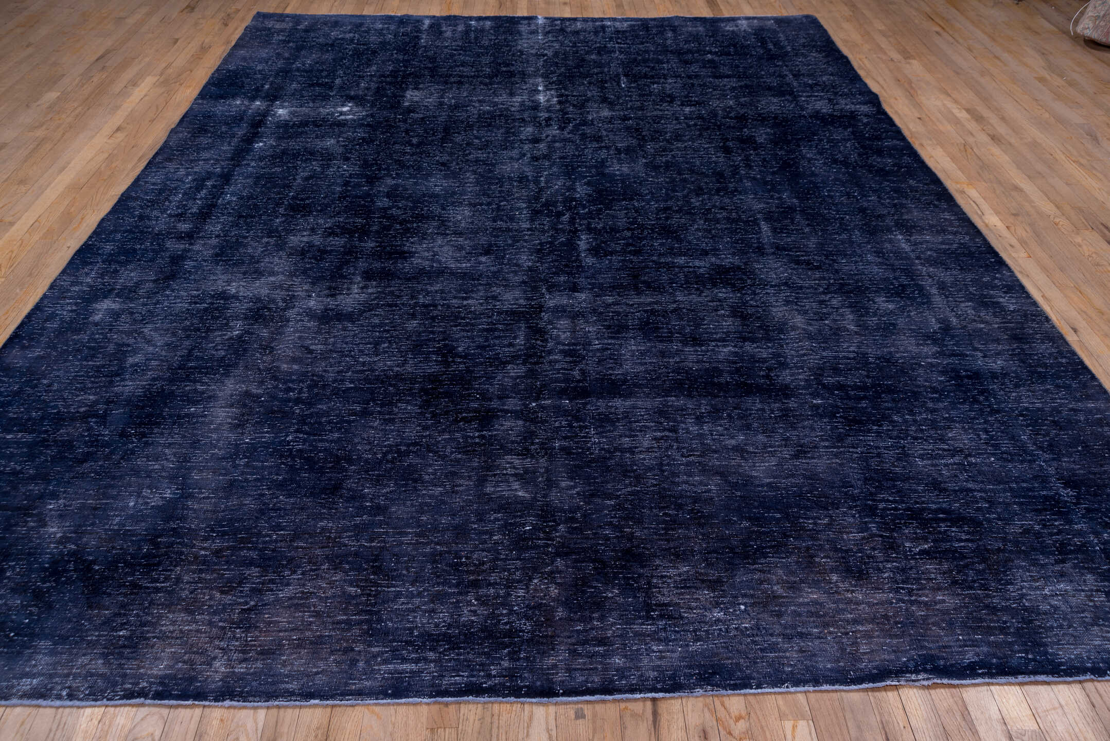 9' x 13' one-of-a-kind handmade vintage Overdyed large size rug. Color palette: indigo, navy, slate, charcoal, ivory, purple
