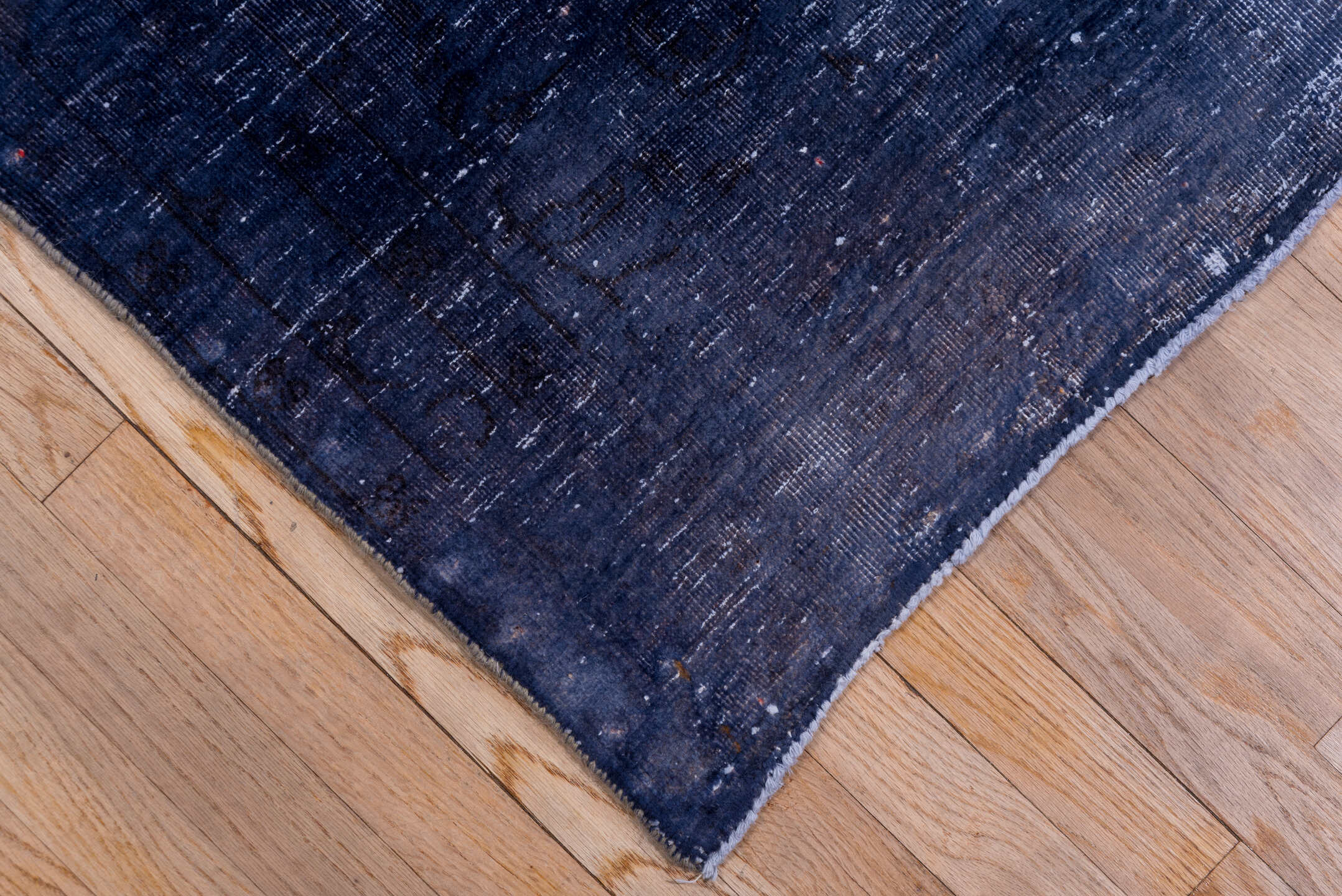 9' x 13' one-of-a-kind handmade vintage Overdyed large size rug. Color palette: indigo, navy, slate, charcoal, ivory, purple