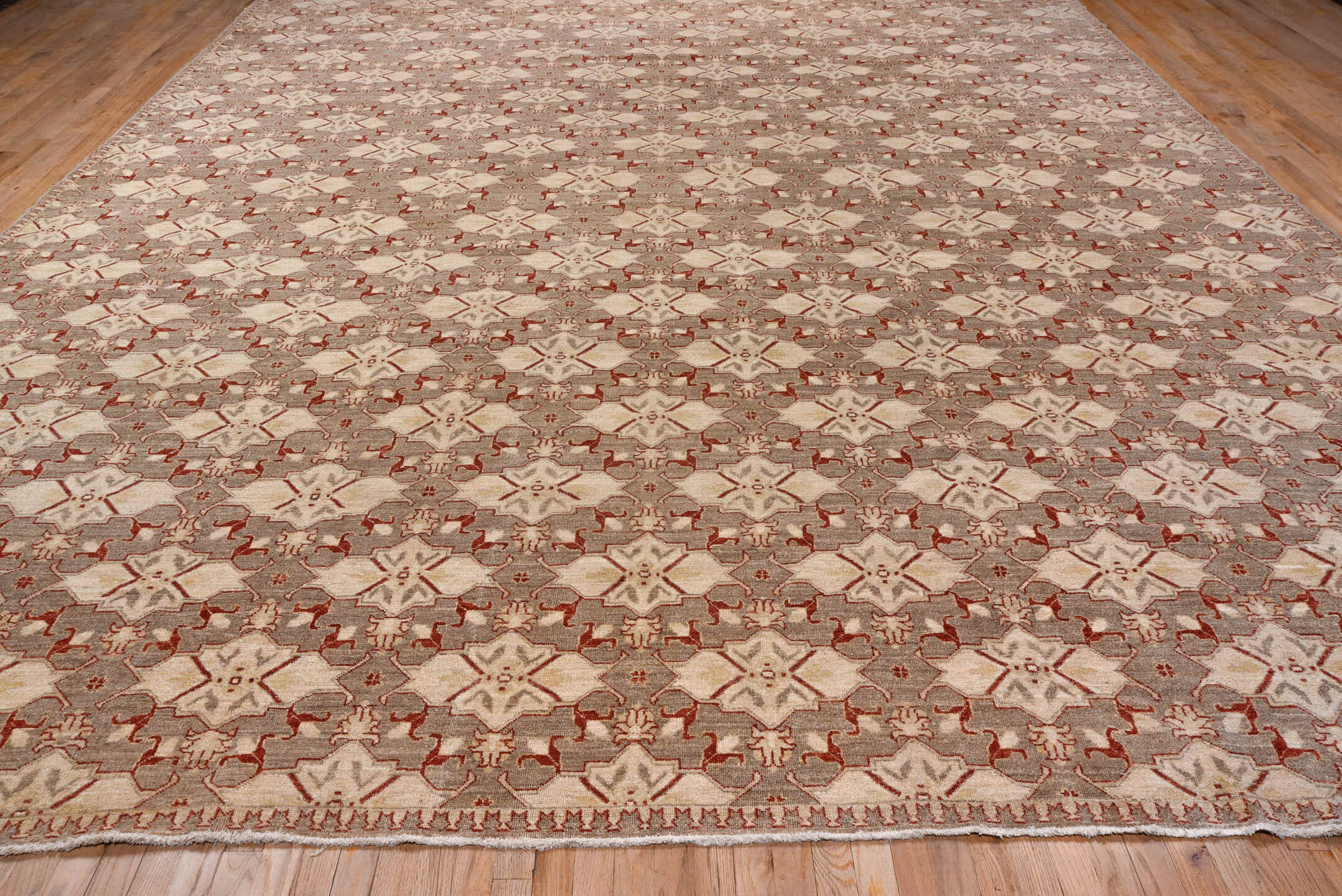 13' x 16' one-of-a-kind handmade vintage Sivas oversize rug. Color palette: brown, maroon, off-white, orange, pink, red