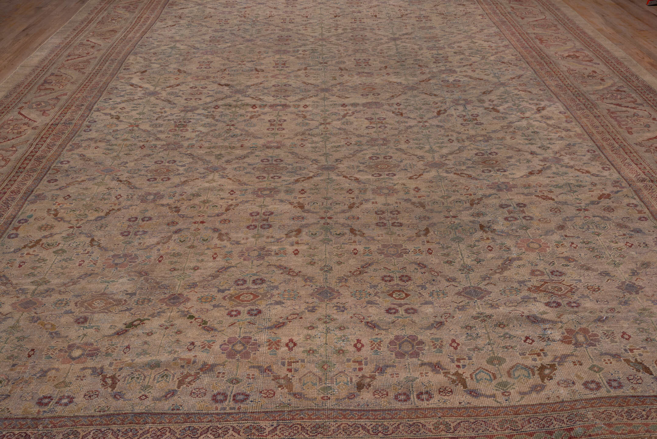 13' x 20' one-of-a-kind handmade antique Sultanabad oversize rug. Color palette: ivory, rose, taupe, dusty blue, sage