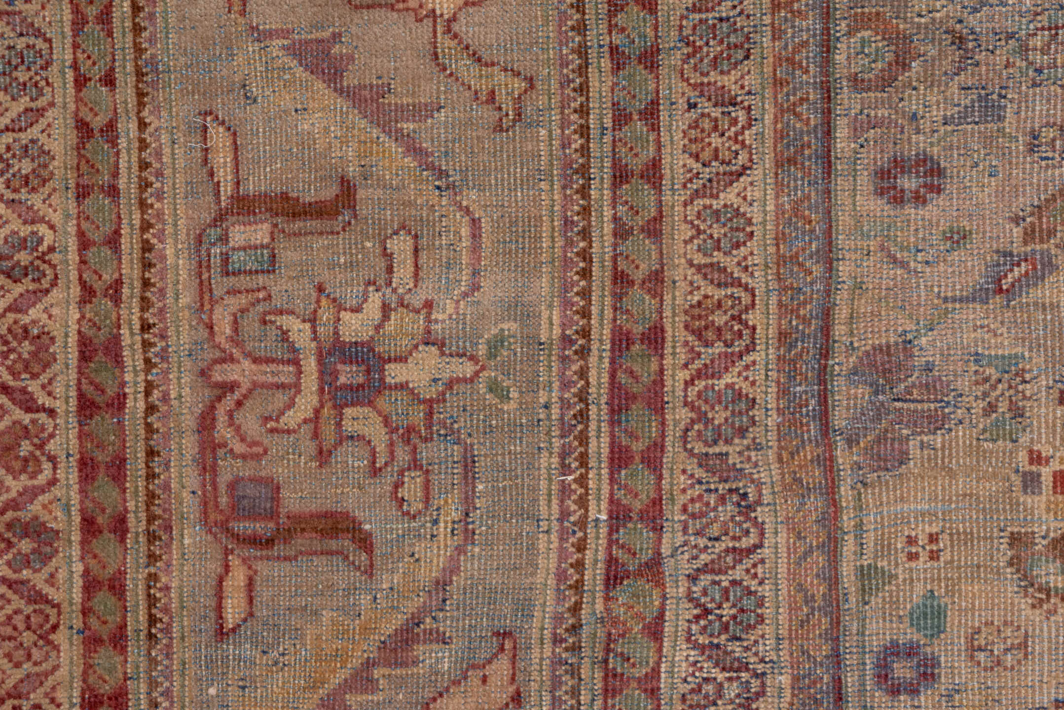 13' x 20' one-of-a-kind handmade antique Sultanabad oversize rug. Color palette: ivory, rose, taupe, dusty blue, sage