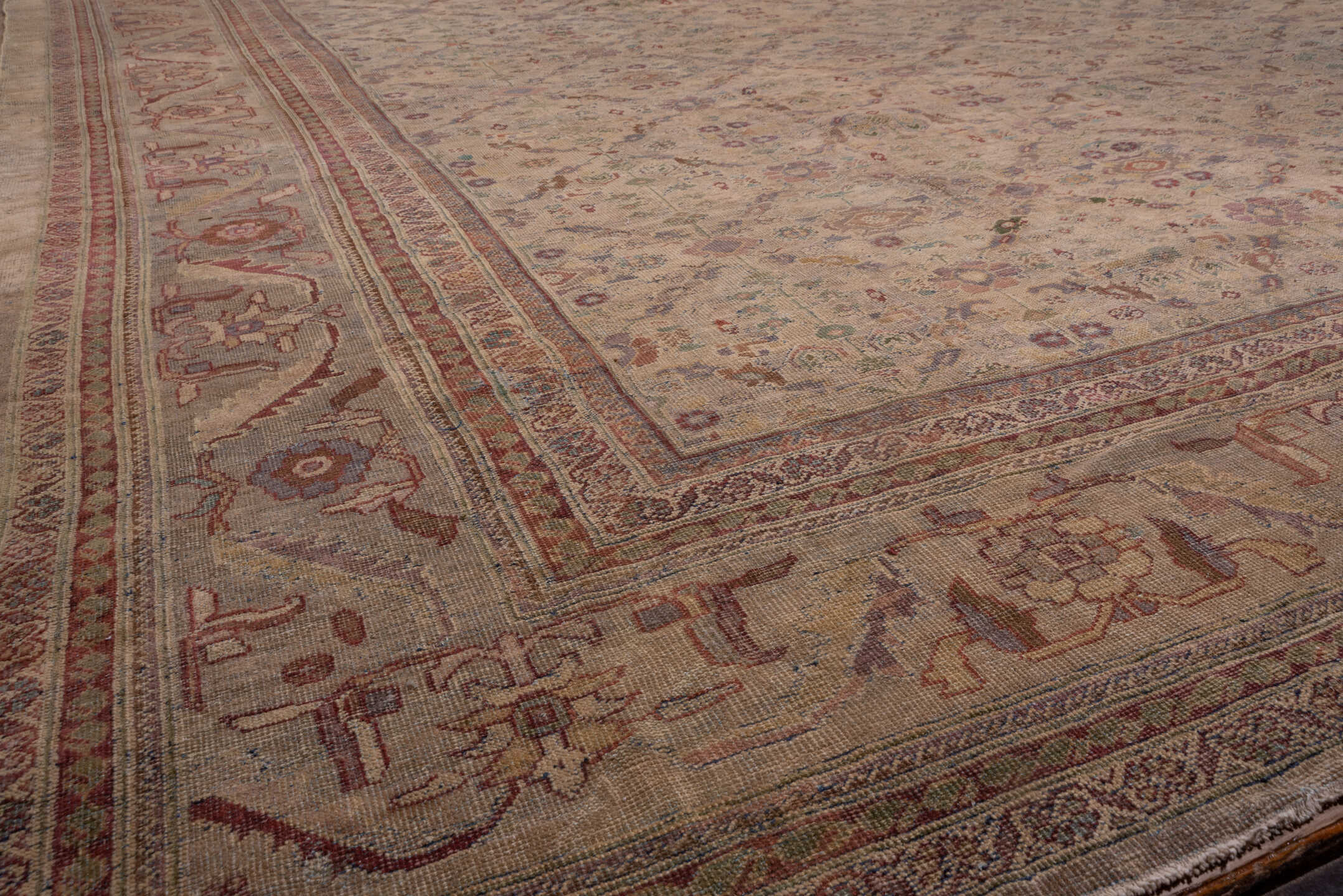 13' x 20' one-of-a-kind handmade antique Sultanabad oversize rug. Color palette: ivory, rose, taupe, dusty blue, sage