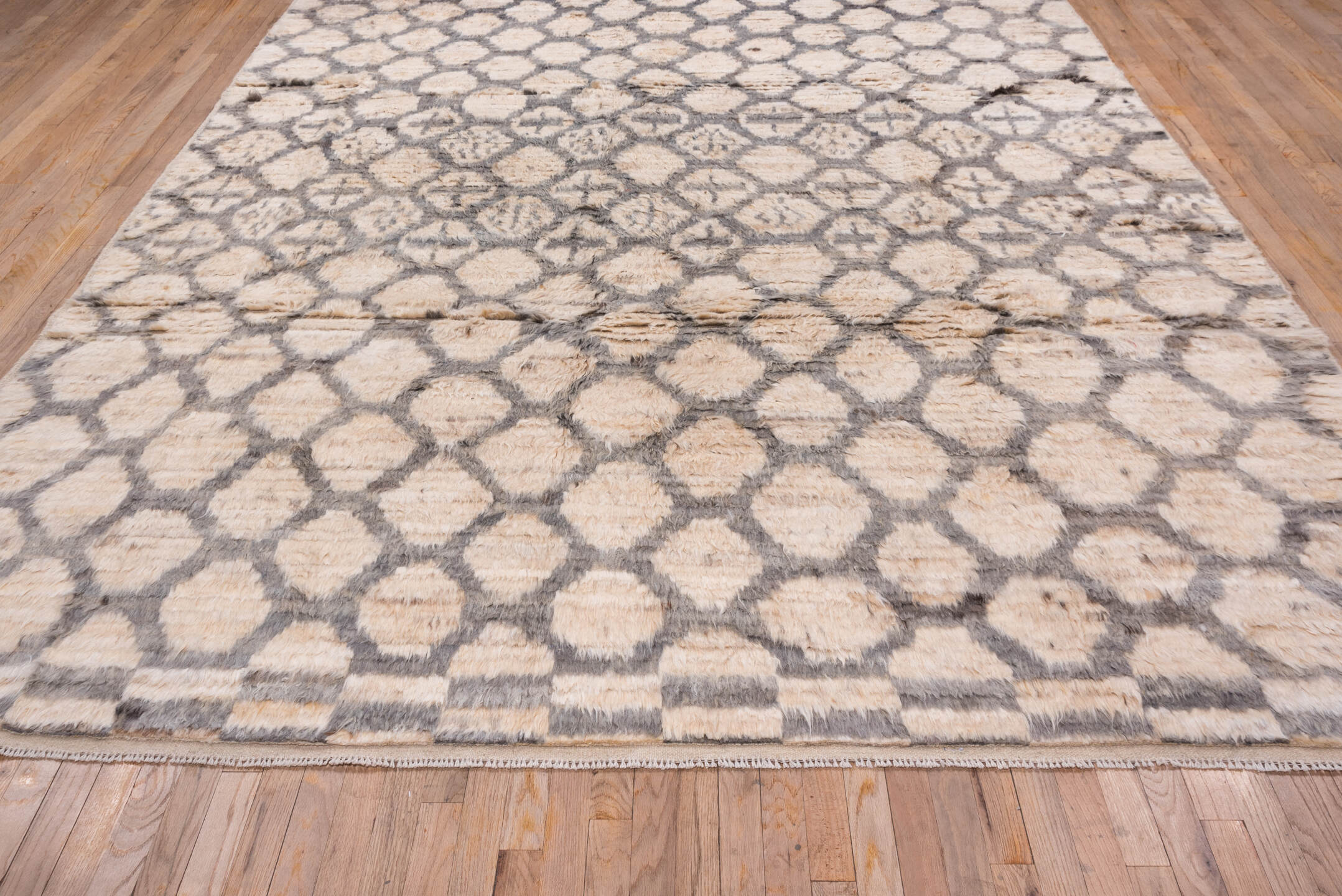 8' x 11' one-of-a-kind handmade vintage Moroccan large size rug. Color palette: ivory, gray, cream, taupe, charcoal, beige