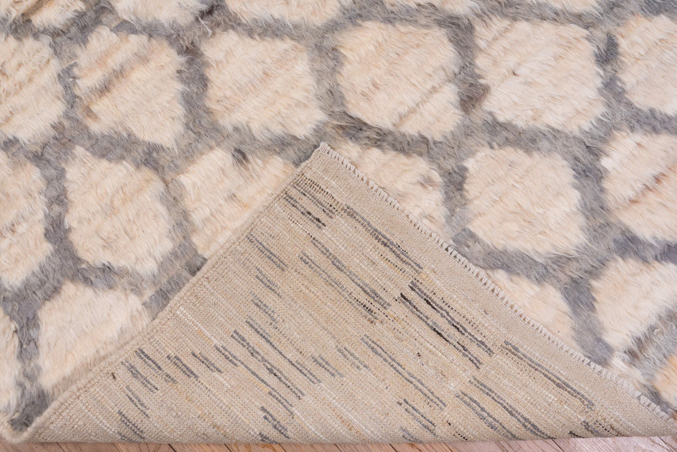 8' x 11' one-of-a-kind handmade vintage Moroccan large size rug. Color palette: ivory, gray, cream, taupe, charcoal, beige