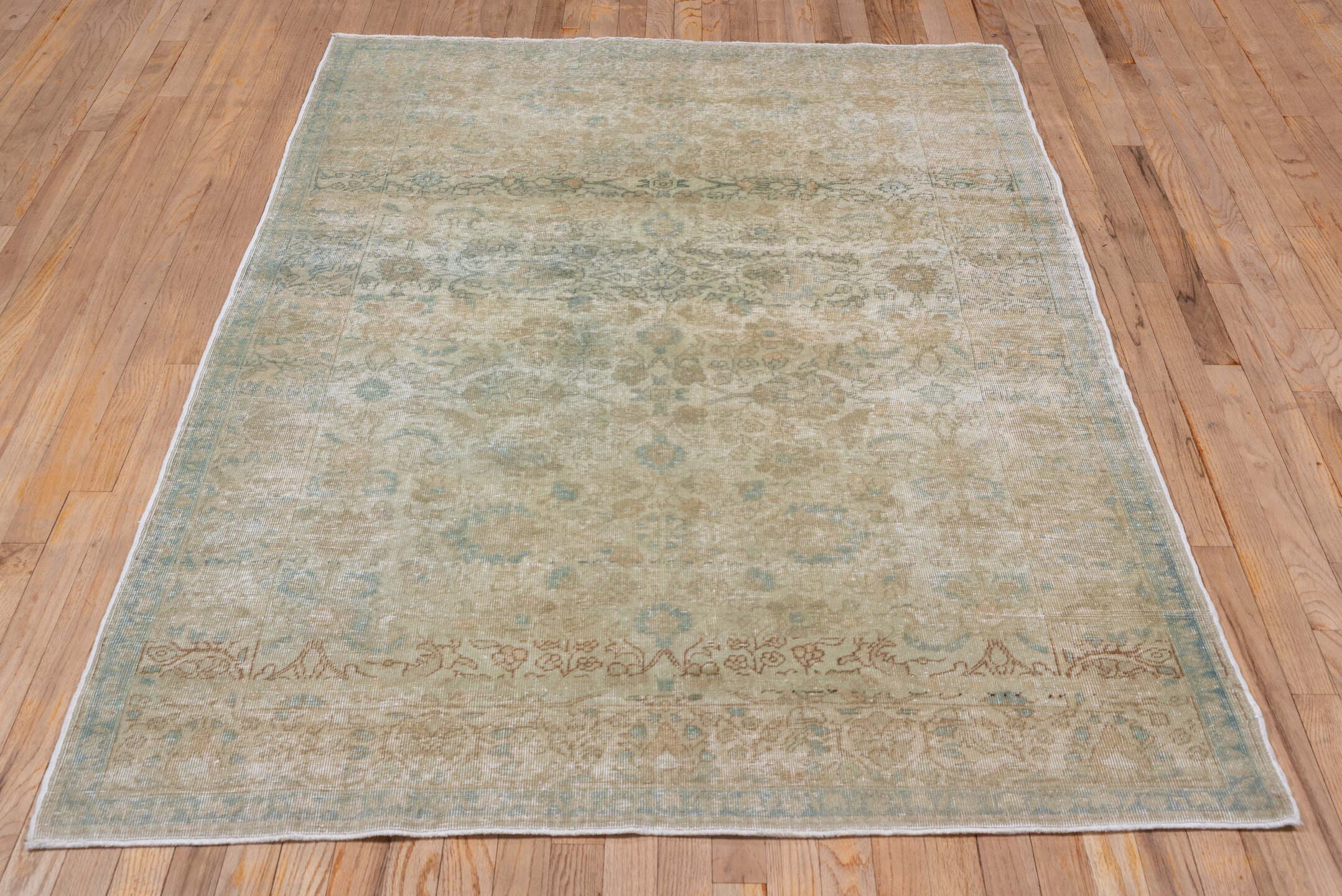 4' x 6' one-of-a-kind handmade antique Sivas small size rug. Color palette: ivory, pale blue, beige, taupe, terra cotta