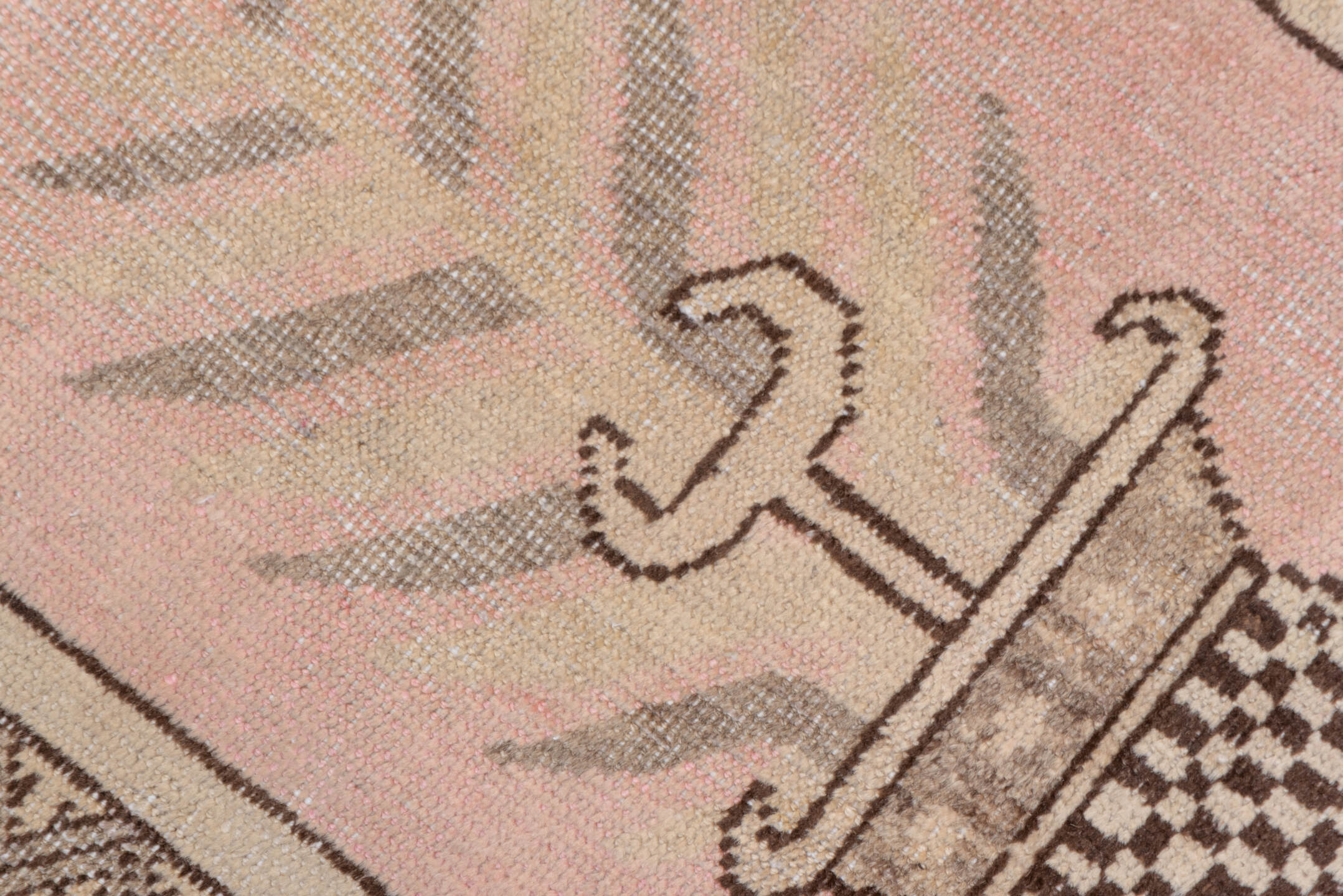 4' x 7' one-of-a-kind handmade vintage Khotan rug. Color palette: brown, gray, light gray, off-white, pink, snow, white