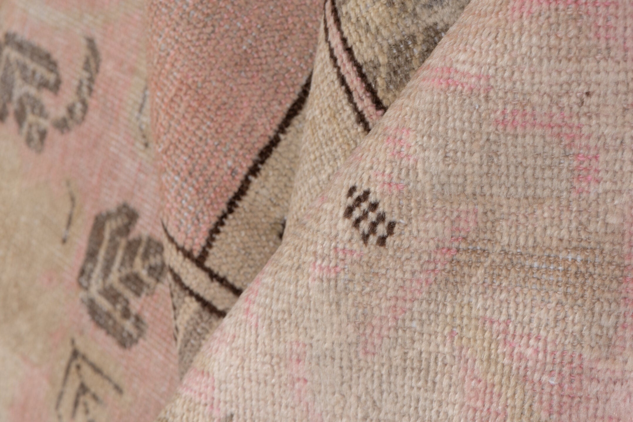 4' x 7' one-of-a-kind handmade vintage Khotan rug. Color palette: brown, gray, light gray, off-white, pink, snow, white