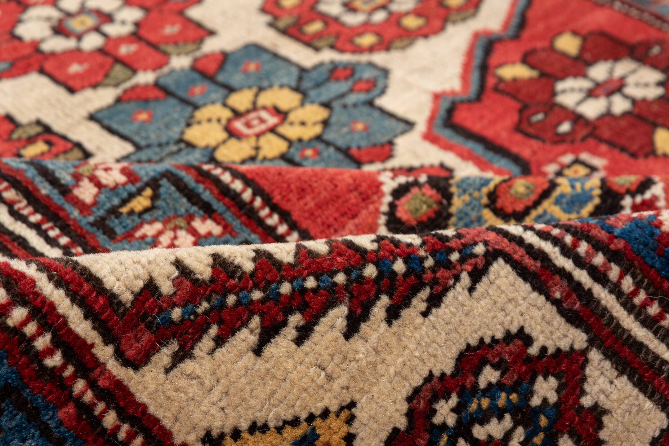 4' x 5' one-of-a-kind handmade antique NW Persian small size rug. Color palette: red, ivory, blue, burgundy, gold, camel