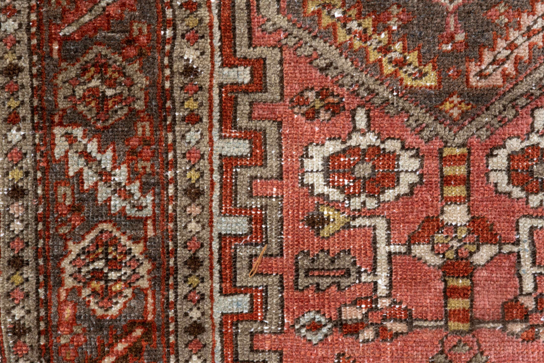 3' x 5' one-of-a-kind handmade antique Heriz small size rug. Color palette: rose, rust, ivory, taupe, brown, terracotta