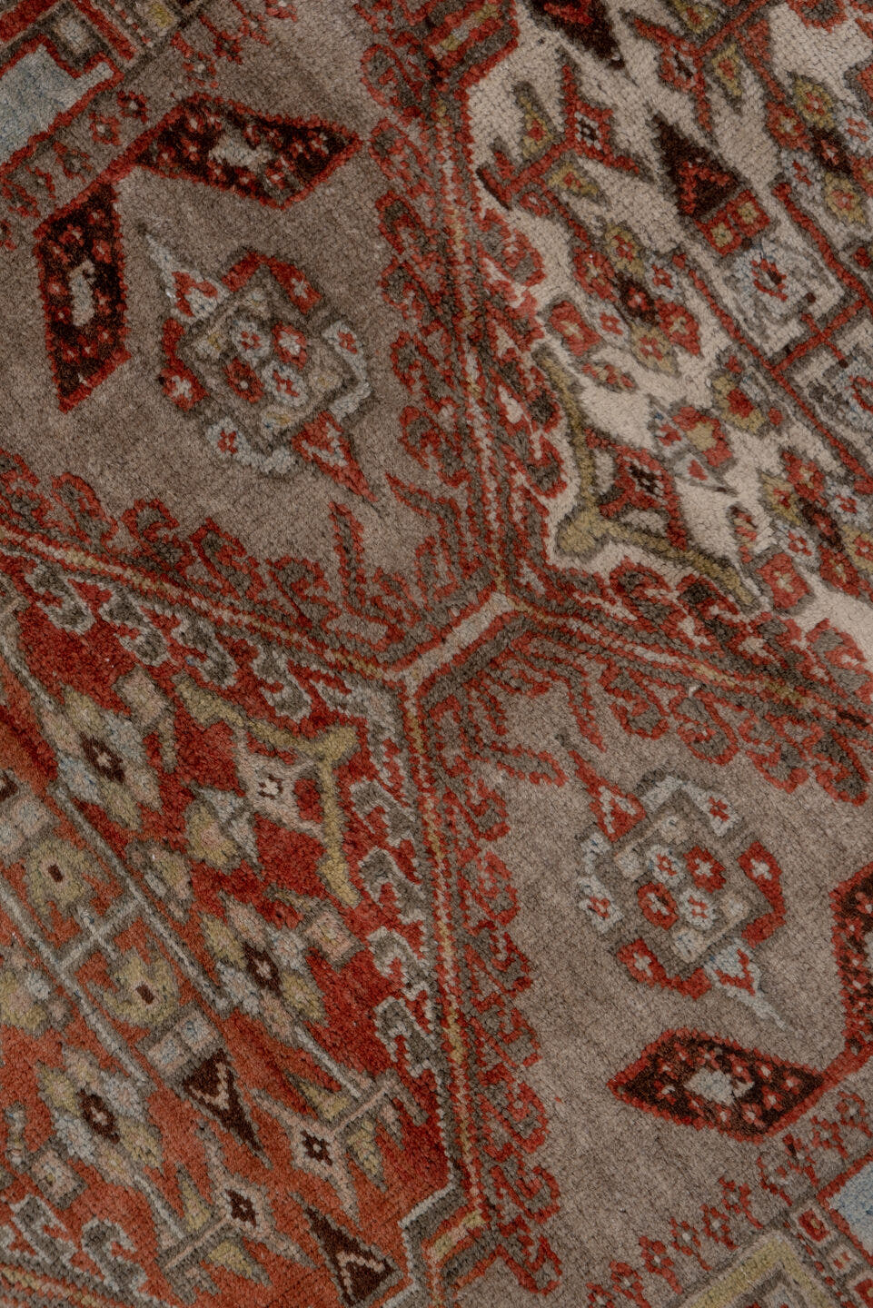 2' x 10' one-of-a-kind handmade antique Sarab runner rug. Color palette: taupe, rust, ivory, brown, pale blue, camel, beige