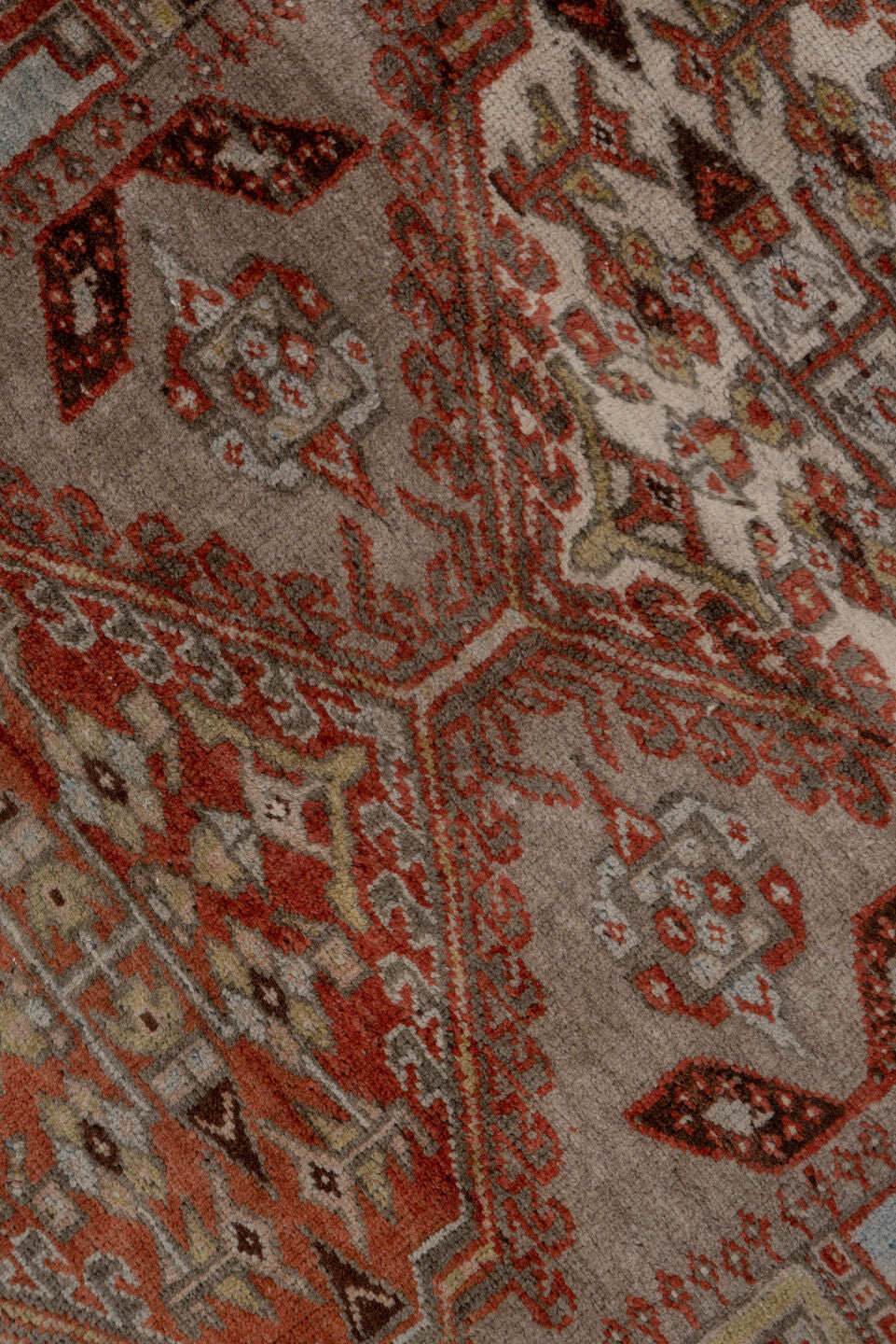 2' x 10' one-of-a-kind handmade antique Sarab runner rug. Color palette: taupe, rust, ivory, brown, pale blue, camel, beige