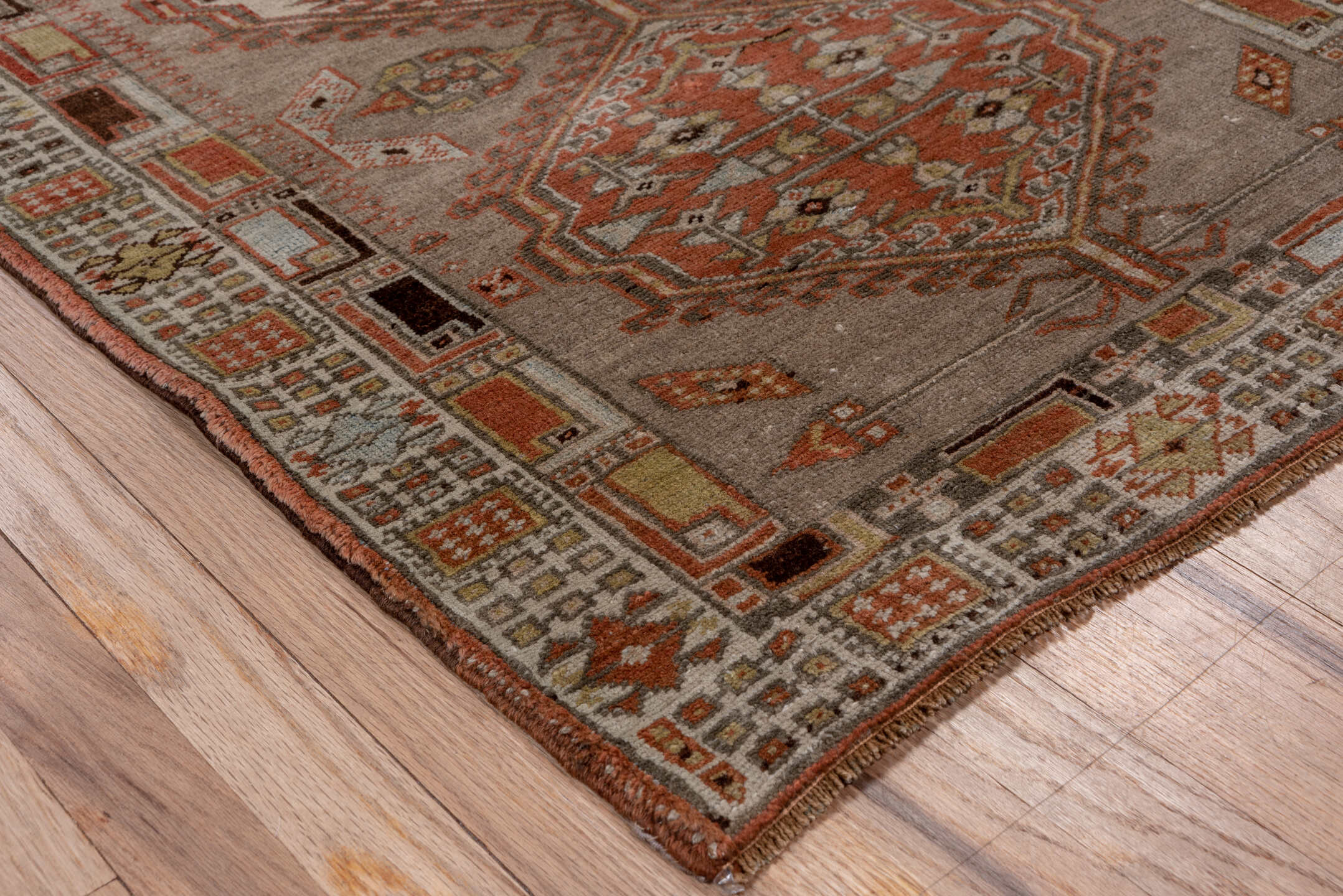2' x 10' one-of-a-kind handmade antique Sarab runner rug. Color palette: taupe, rust, ivory, brown, pale blue, camel, beige