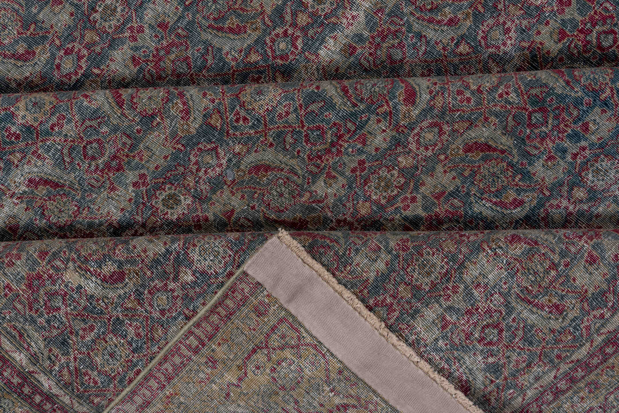 4' x 6' one-of-a-kind handmade antique Tabriz small size rug. Color palette: blue, taupe, burgundy, ivory, sage, rose, beige