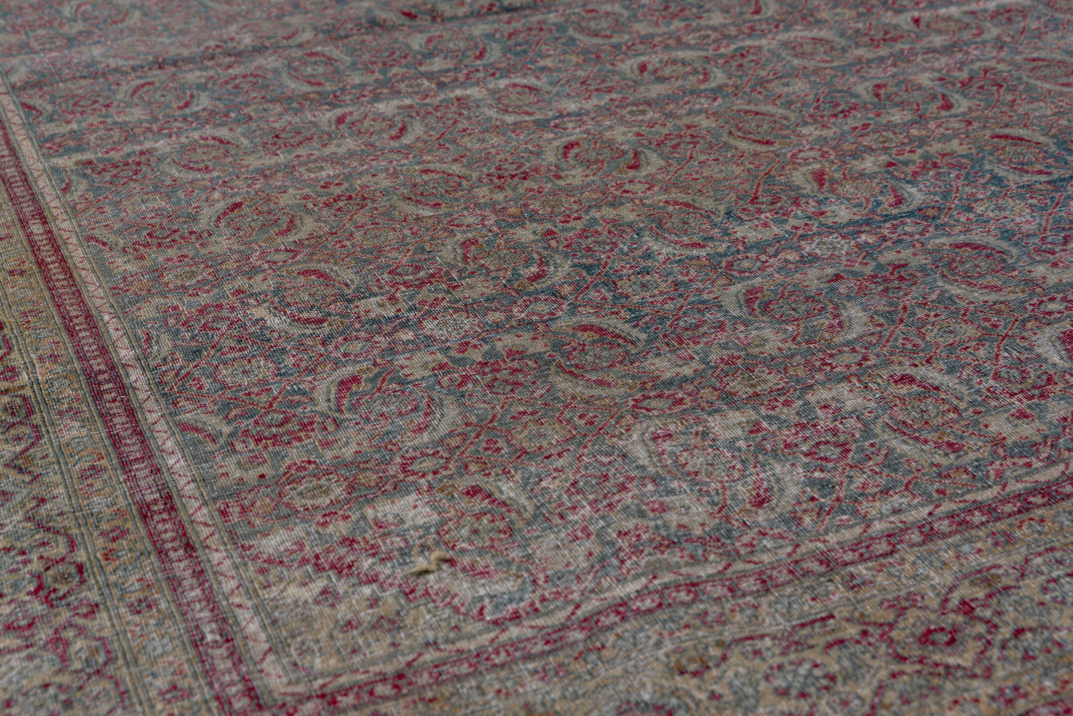 4' x 6' one-of-a-kind handmade antique Tabriz small size rug. Color palette: blue, taupe, burgundy, ivory, sage, rose, beige