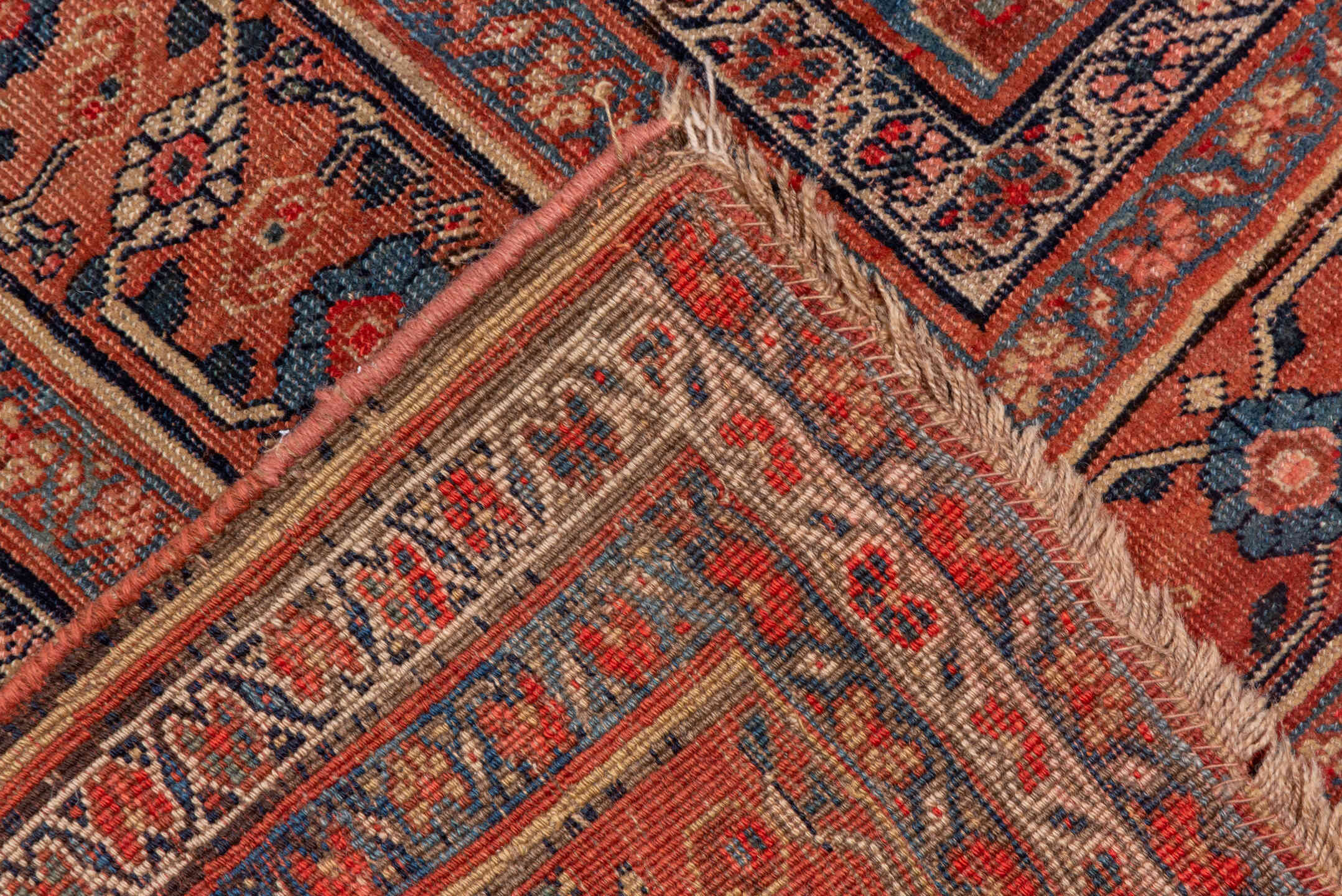 11' x 17' one-of-a-kind handmade antique Bidjar oversize rug. Color palette: ivory, rust, indigo, terracotta, navy, camel